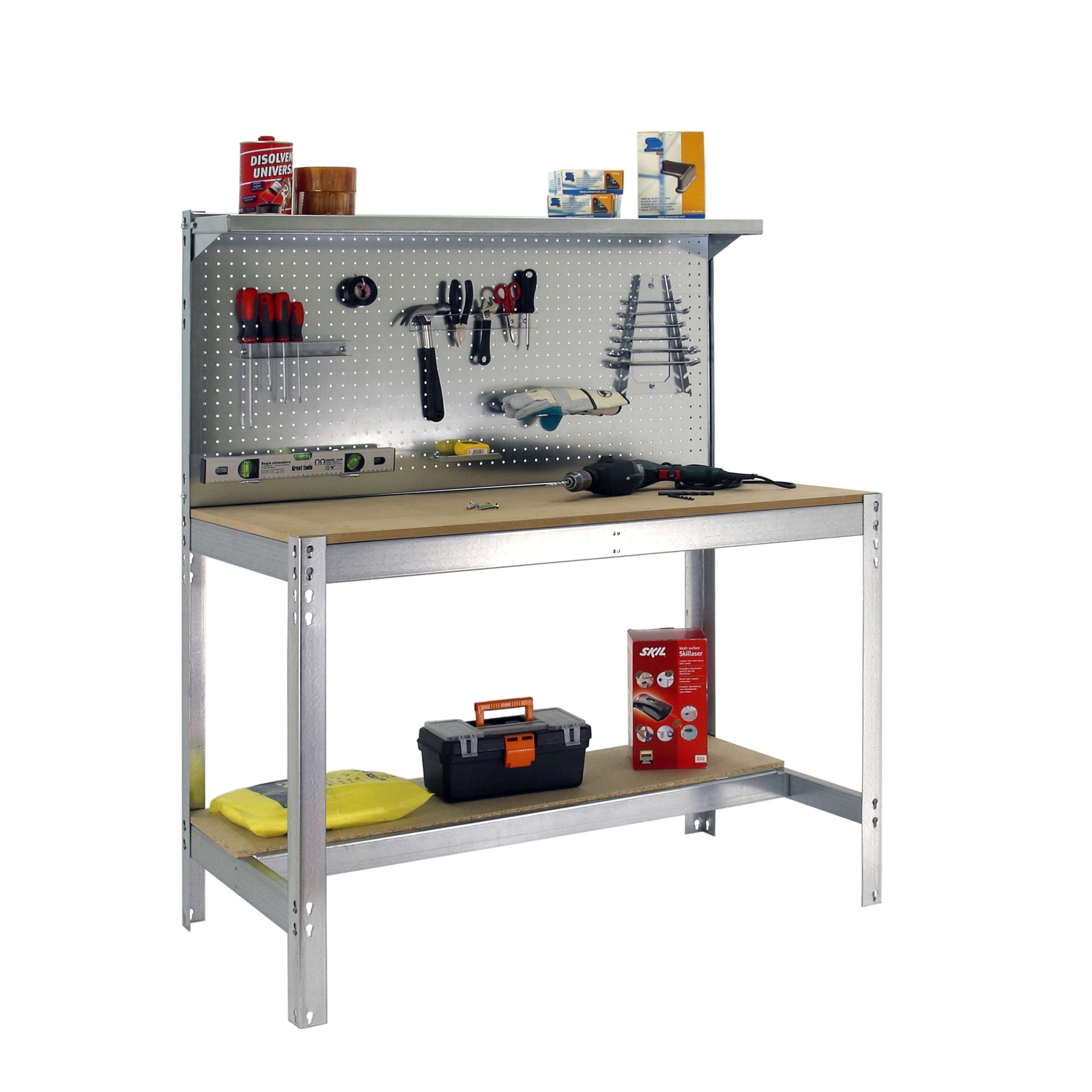 SimonRack Etabli d’Atelier, Capacité de Charge 400 kg, 1445x910x610 mm, Panneau Perforé avec 1 Étagère, Table de Travail Bricolage, Galvanisé/Bois - BT3