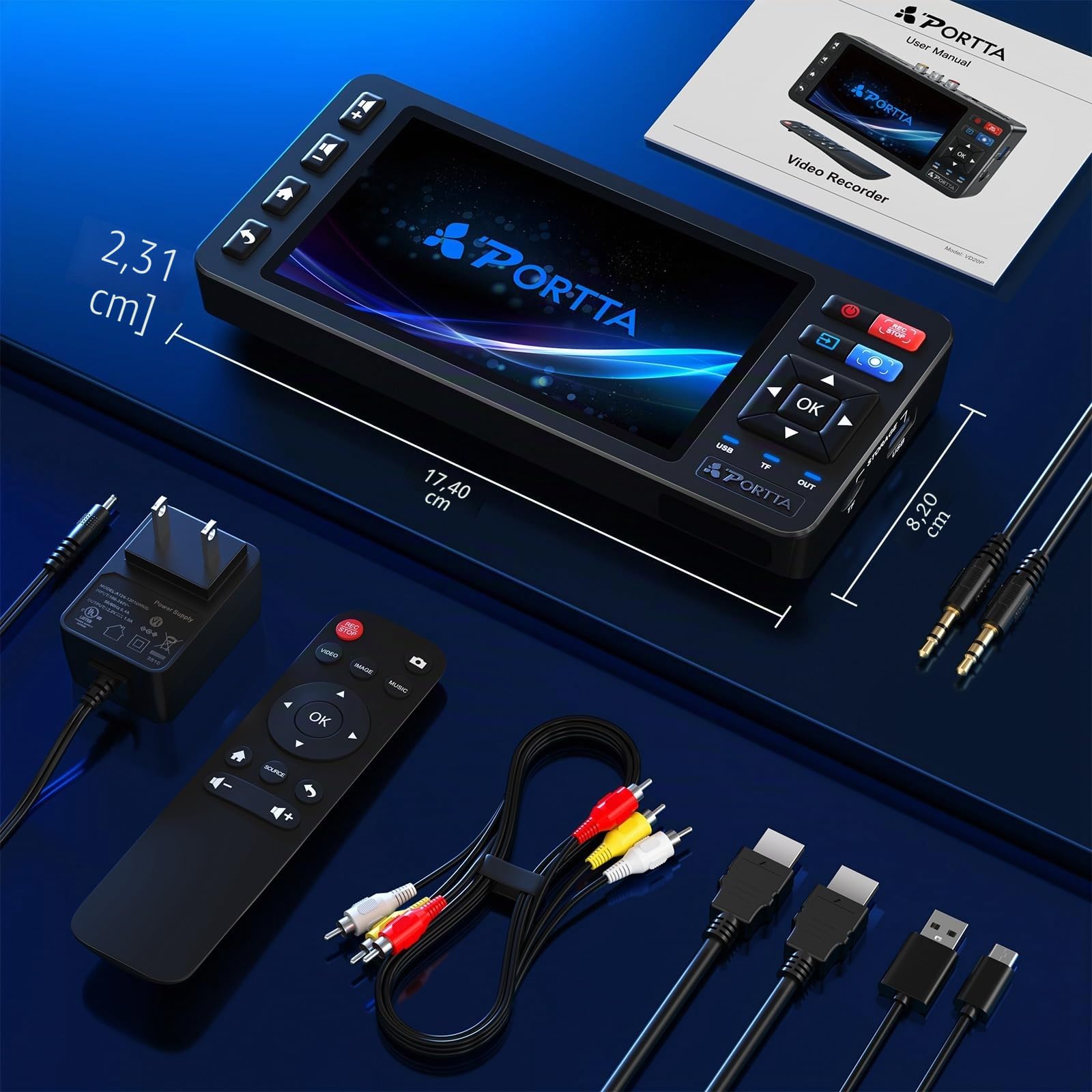 PORTTA Convertitore da VHS a digitale VD20P con schermo HD da 5", registratore video, conversione in MP4, compatibile con VHS, Hi8, Mini DV, console di gioco (richiede lettore VHS/DVD/videocamera)