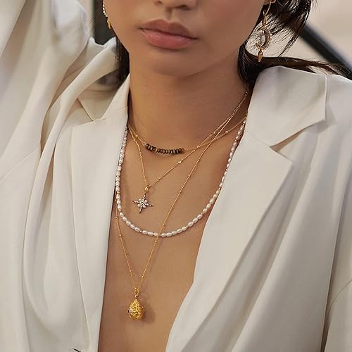 Miniatura 2 de PERNNLA PEARL Gargantilla de Cadena de Bolas de Satélite de Bordillo Chapada en Oro de 18K, Collar de Barra con Cuentas de Turquesa Sintética y