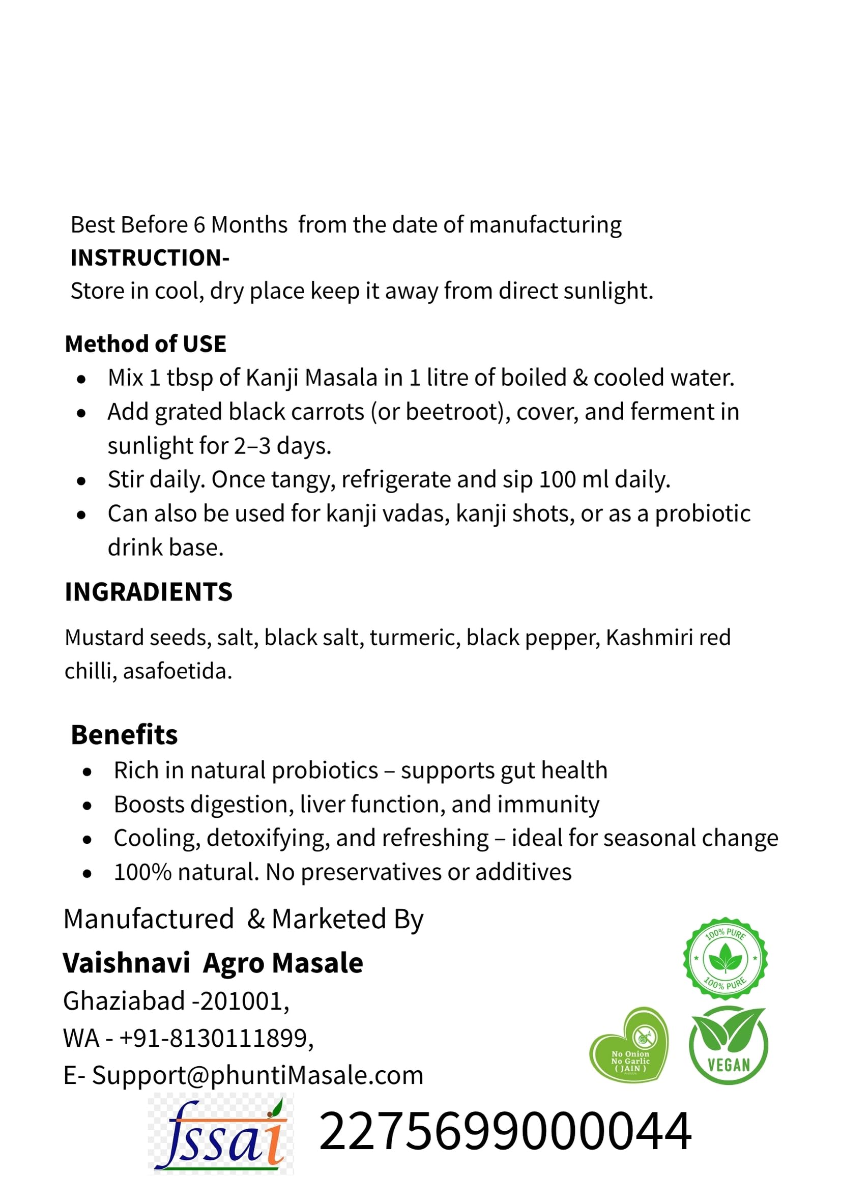 Phunti Masale VSM Kanji Masala Powder 110g | Fermented Probiotic Drink Mix | Tangy Traditional Kanji Powder | Boosts Gut Health & Digestion | No Preservatives or Artificial Colors - Image 4 thumbnail