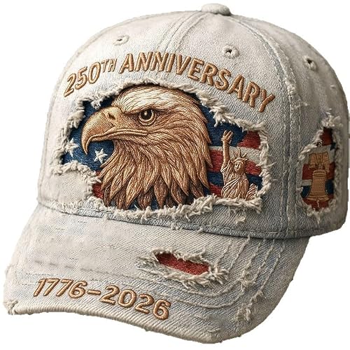 250th US Anniversary Distressed Denim Hat &ndash; 1776&ndash;2026 Embroidered Patriotic Baseball Cap, Adjustable Metal Buckle (White)