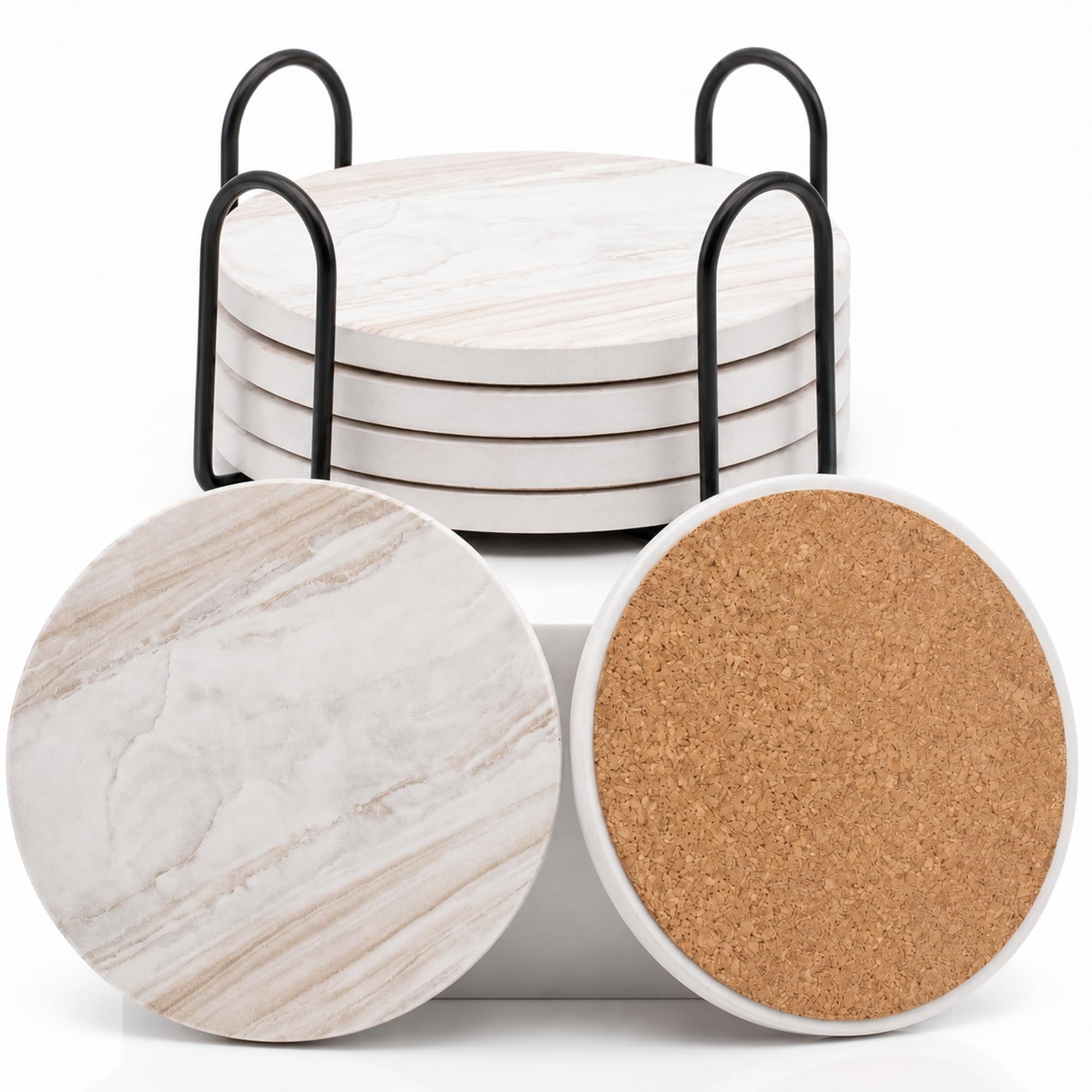 Untersetzer Gläser 6er Set, Keramik Marmor-Optik inkl. Halter | Saugfähige Keramik mit rutschfestem Korkboden,Edles Marmor-Design,Perfekt für den Tisch oder als Geschenk