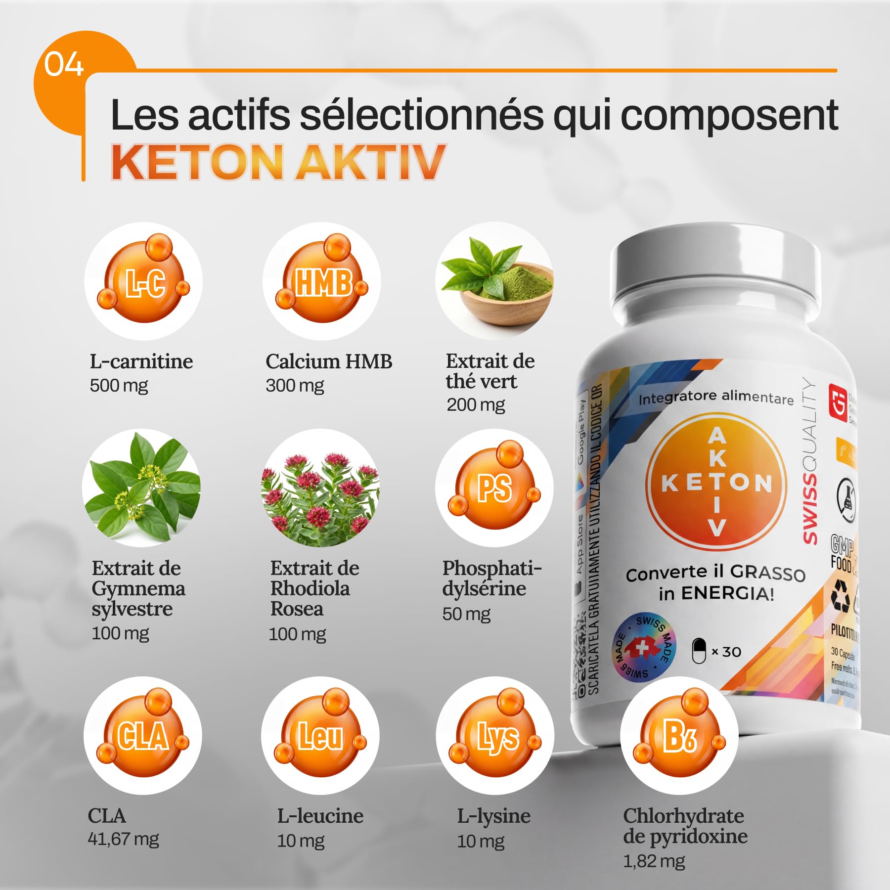 Gélules Keton Aktiv | Pour le régime cétogène | L-Carnitine 500 mg + Extrait de Thé Vert 200 mg | Soutien du métabolisme | Avec Gymnema Sylvestre, Rhodiola Rosea, CLA | 30 Gélules