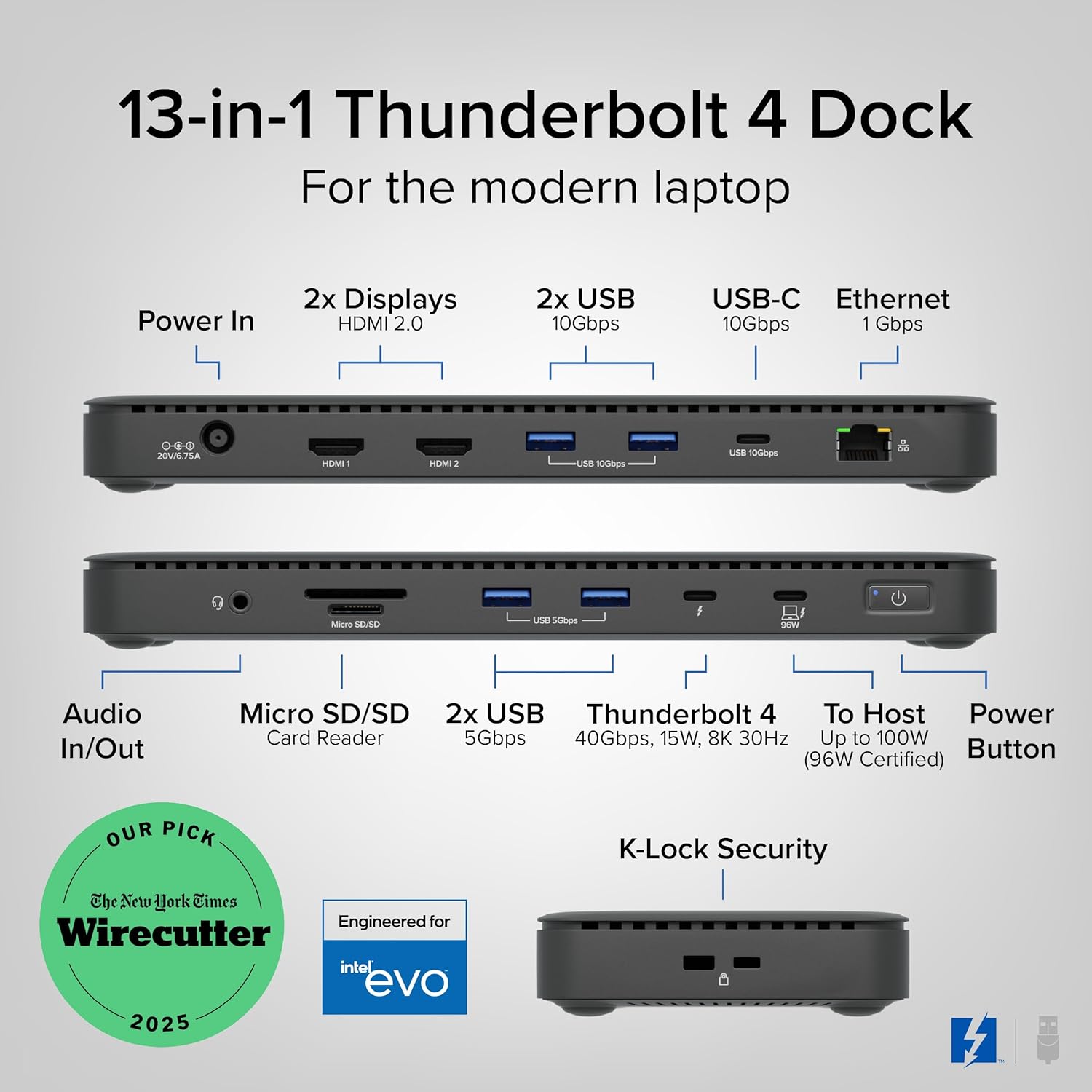 Plugable Thunderbolt 4 Dock with 100W Charging, Thunderbolt Certified, Laptop Docking Station Dual Monitor Single 8K or Dual 4K HDMI for Windows and Mac, 4X USB, Gigabit Ethernet (TBT4-UD5)