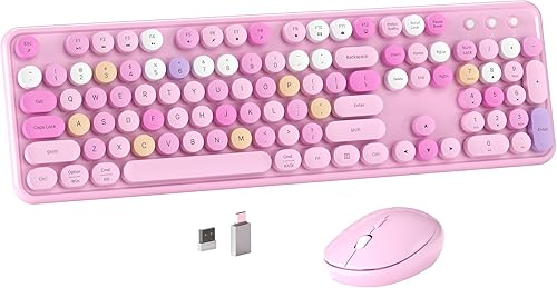 Miniatura 10 de Combo de teclado y mouse inalámbricos de color con teclas redondas estilo máquina de escribir, diseño retro, interruptor de encendido, diseño negro,