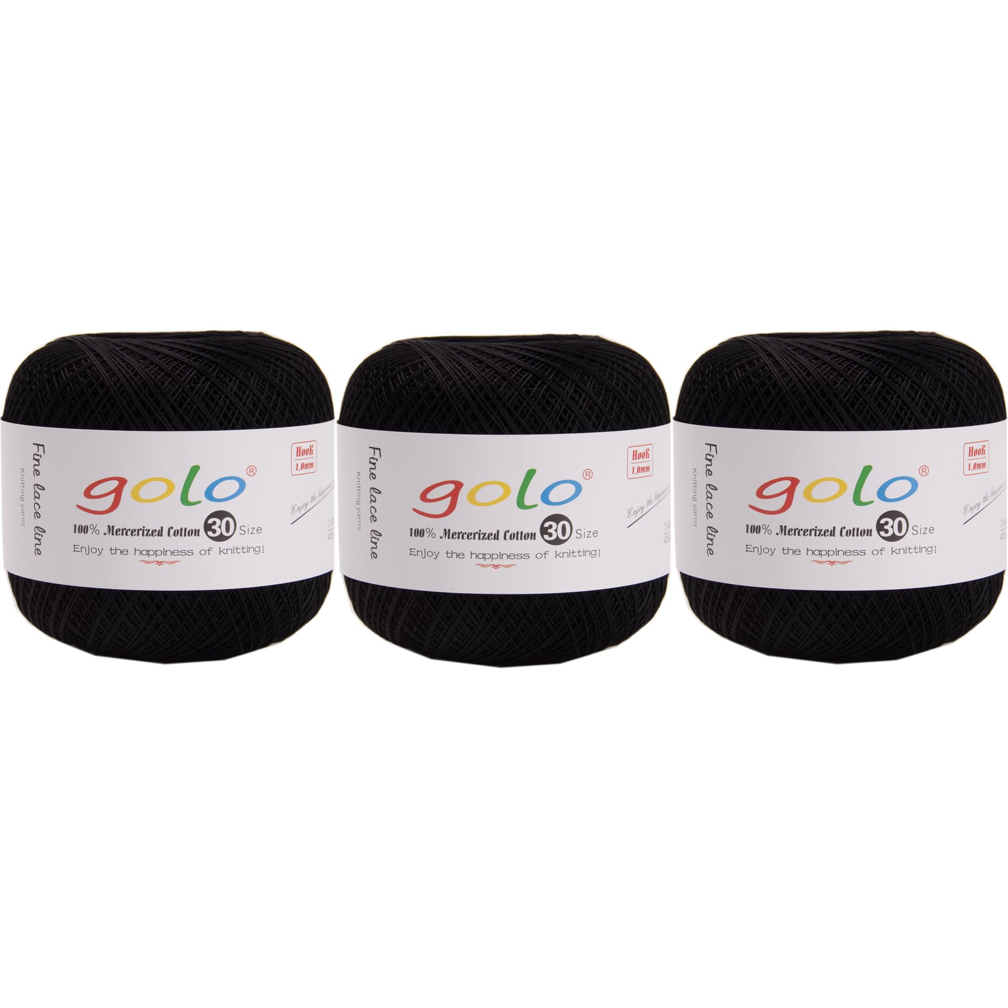 golo 3 Balls Crochet Thread Size 30 Yarn for Hand Knitting, 000-310 Black