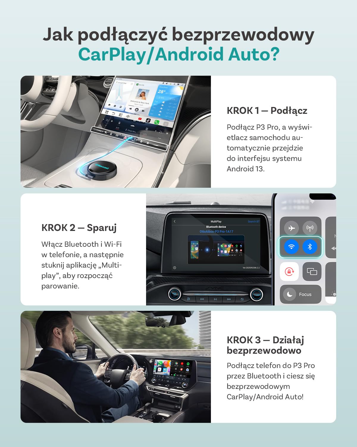 (2026 Nowy) OTTOCAST P3 Pro CarPlay AI Box, 3-w-1 Wireless Adapter CarPlay & Android Auto z Wyjściem HDMI, 8GB+128GB, Podział Ekranu, Aplikacje do pobrania, Aktualizacja OTA dla aut CP/AA przewodowych