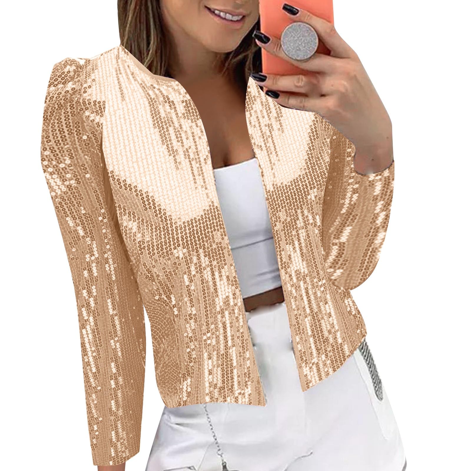 Sequin Jackets for Women Dressy Puff Sleeve Sparkly Glitter Jacket Evening Disco Party Cropped Shrug Bolero Jacket