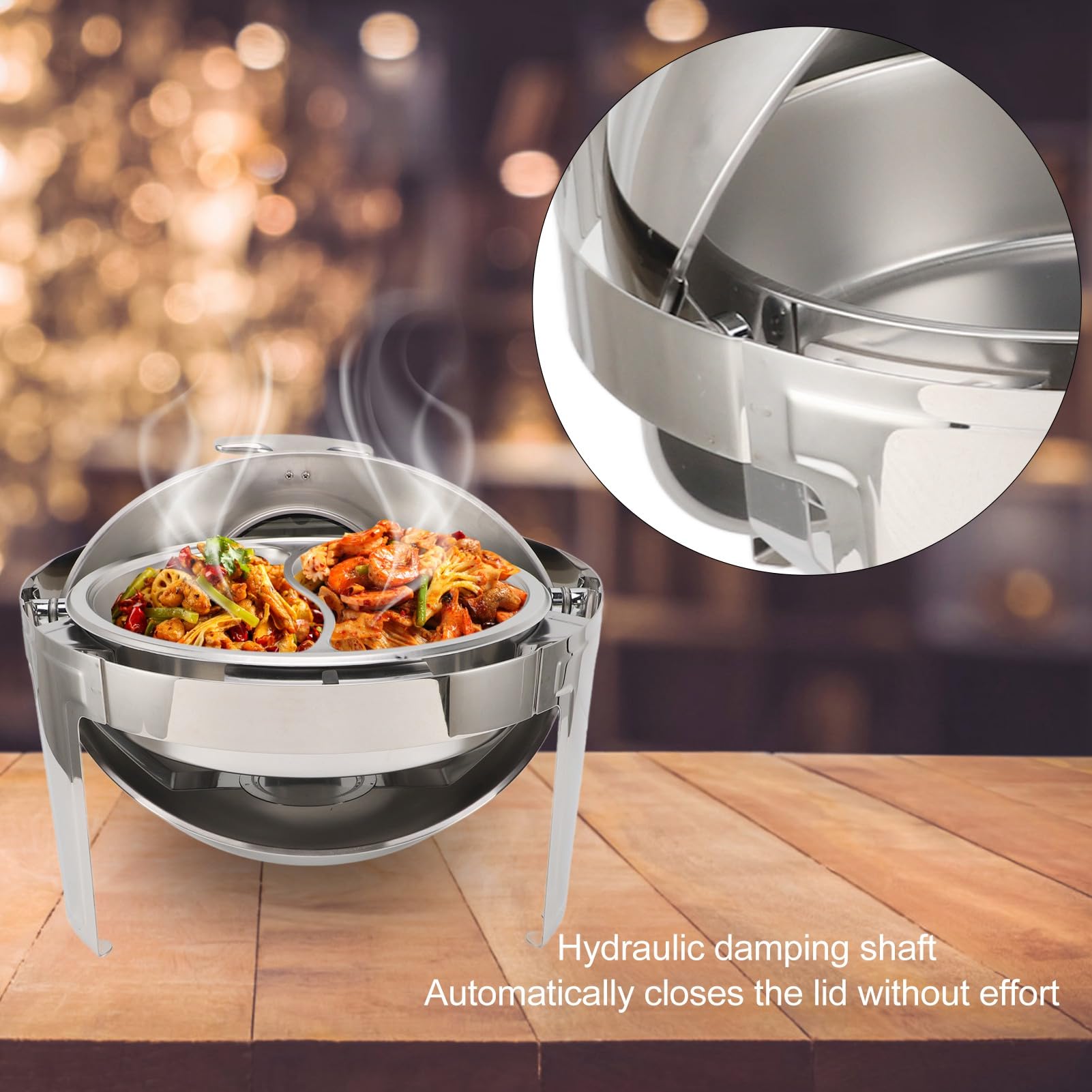 Chafing Dish - Juego de buffet de acero inoxidable, 6 L, buffet, hostelería, calentador de alimentos, calentador de alcohol, tapa de cristal visible, redonda (sartén con 2 compartimentos)