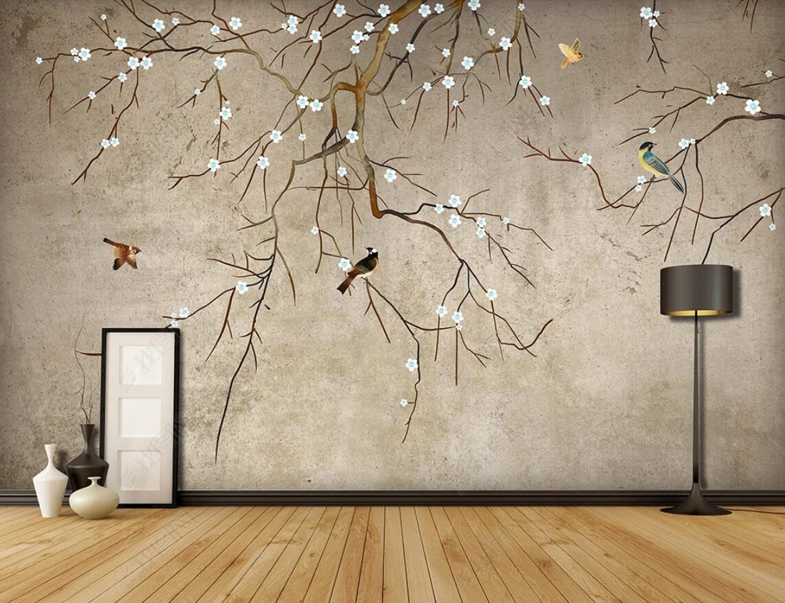 Papier peint panoramique fleurs et oiseaux pour agrandir un salon rétro
