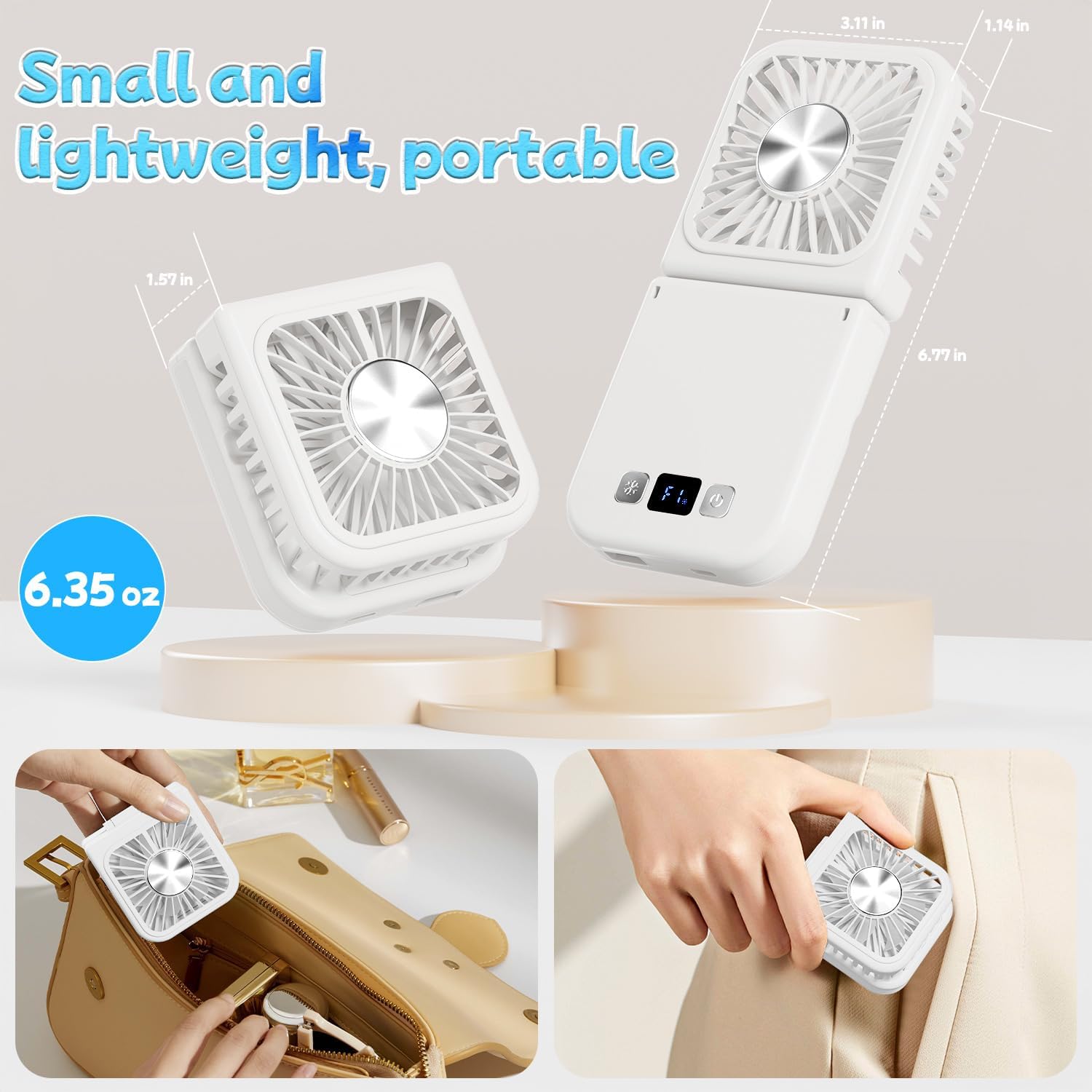 Handheld Portable Fan with Ice Cooler,6 in 1 7000mAh USB Rechargeable Foldable Personal Hand Held Fan,Power Bank, LED Display, 5 2 Speeds for Travel/Summer/Concerts/Lash, Gifts for Men Women