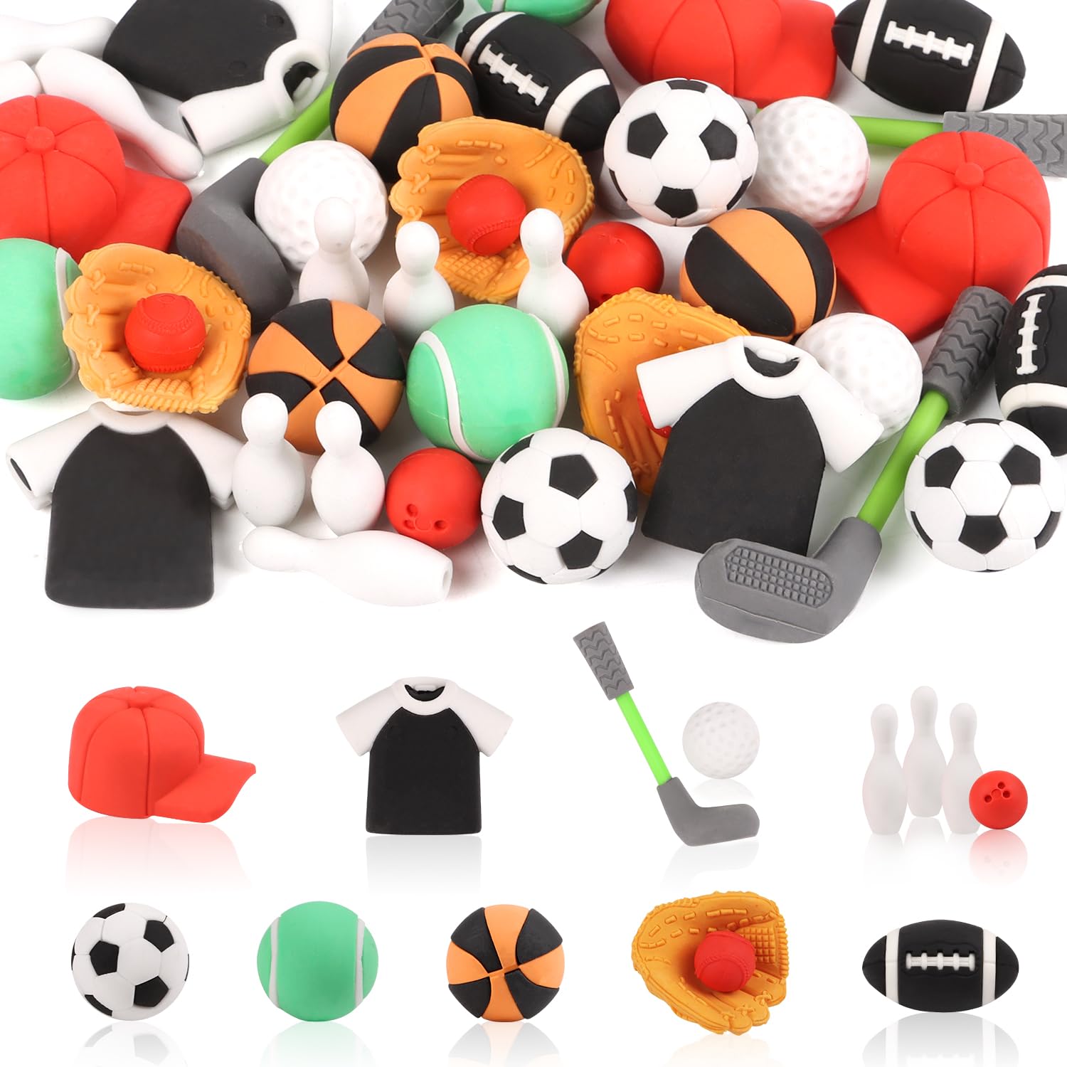CCINEE 27Pcs 3D Sports Balls Erasers, Fun Classroom Pencil Erasers Novelty Football Basketball Eraser Bulk for Party Gifts Bag Stuffers School