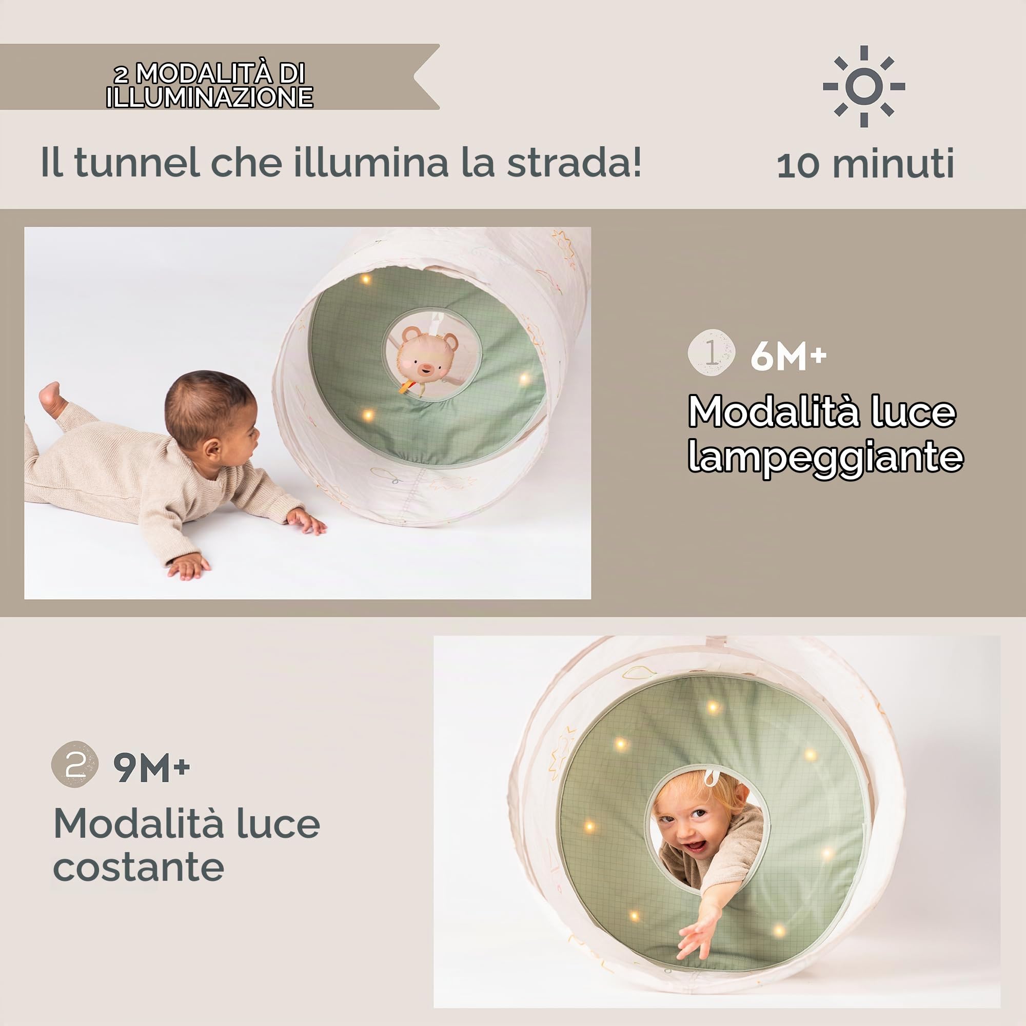Tunnel Gioco Evolutivo per Bambini – 120 cm con Cerchio Luminoso Spostabile, Peluche Orsetto, Pieghevole con Borsa da Trasporto – Sviluppo Motorio ed Esplorazione – Dai 6 Mesi