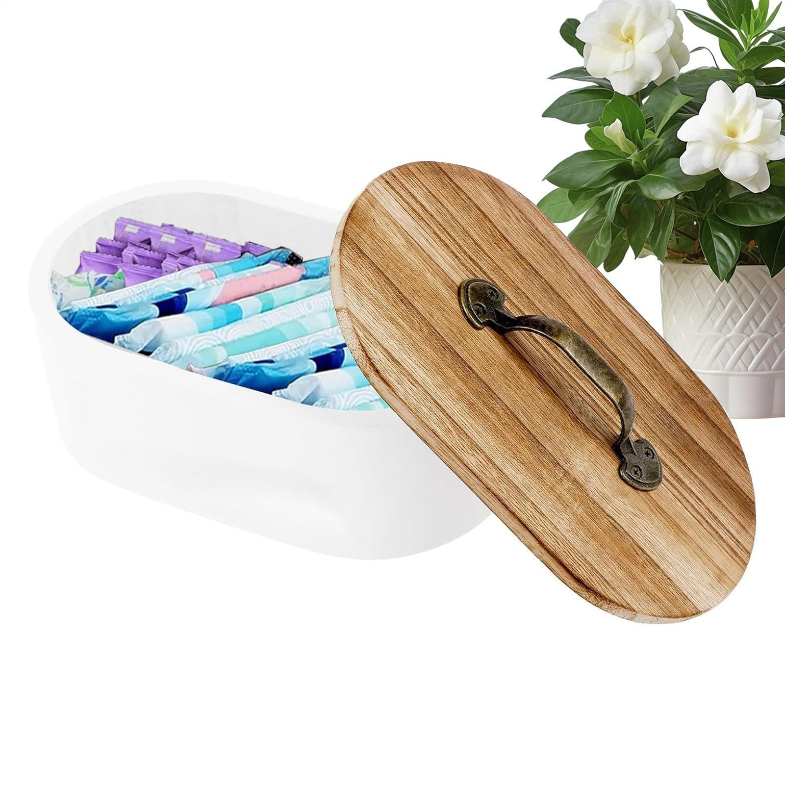 Porta tamponi – Scatola portaoggetti bianca per bagno | Scatola portaoggetti in legno con coperchio | decorativi per il bagno per tamponi per forcine per medicine cosmetici armadio tavolo