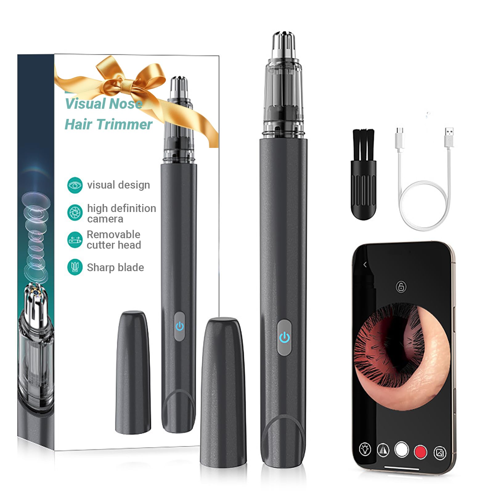 Visualisierbarer Nasenhaartrimmer mit HD-Kamera & App, Ohrenhaarschneider für Herren & Damen, 360° Dualklingen, 8000 U/min, IPX5 wasserdicht mit Weitwinkel Nasentrimmer Kamera für iOS, Android