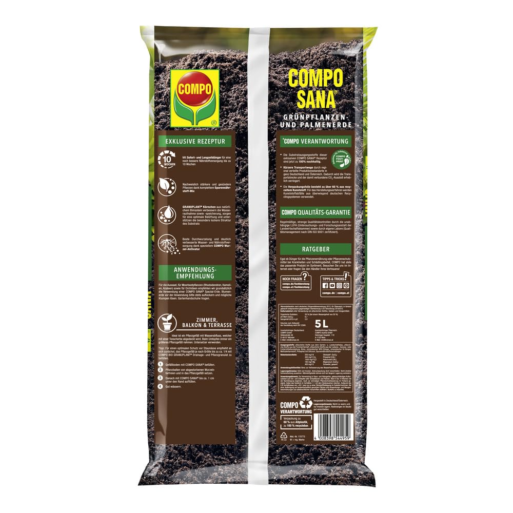 Compo SANA® - Tierra para plantas verdes y palmeras, sin turba, 5 L, tierra especial con fertilización inicial y copos respirables para plantas de habitaciones, balcones y terrazas, tierra verde de