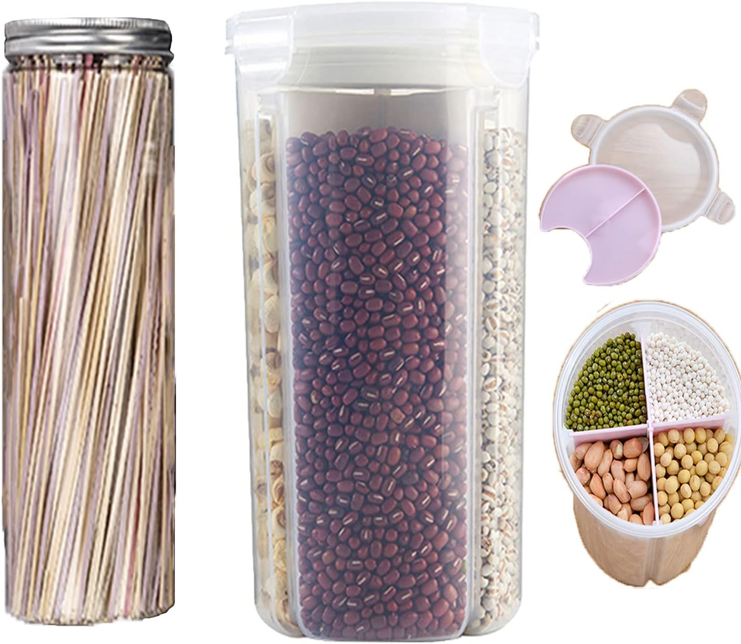 Grain storage container, sealed food container, breakfast grain distributor, large export, double cover divided into four compartments, Storable 3 liters of grain, sugar, flour, rice, nuts, snacks.