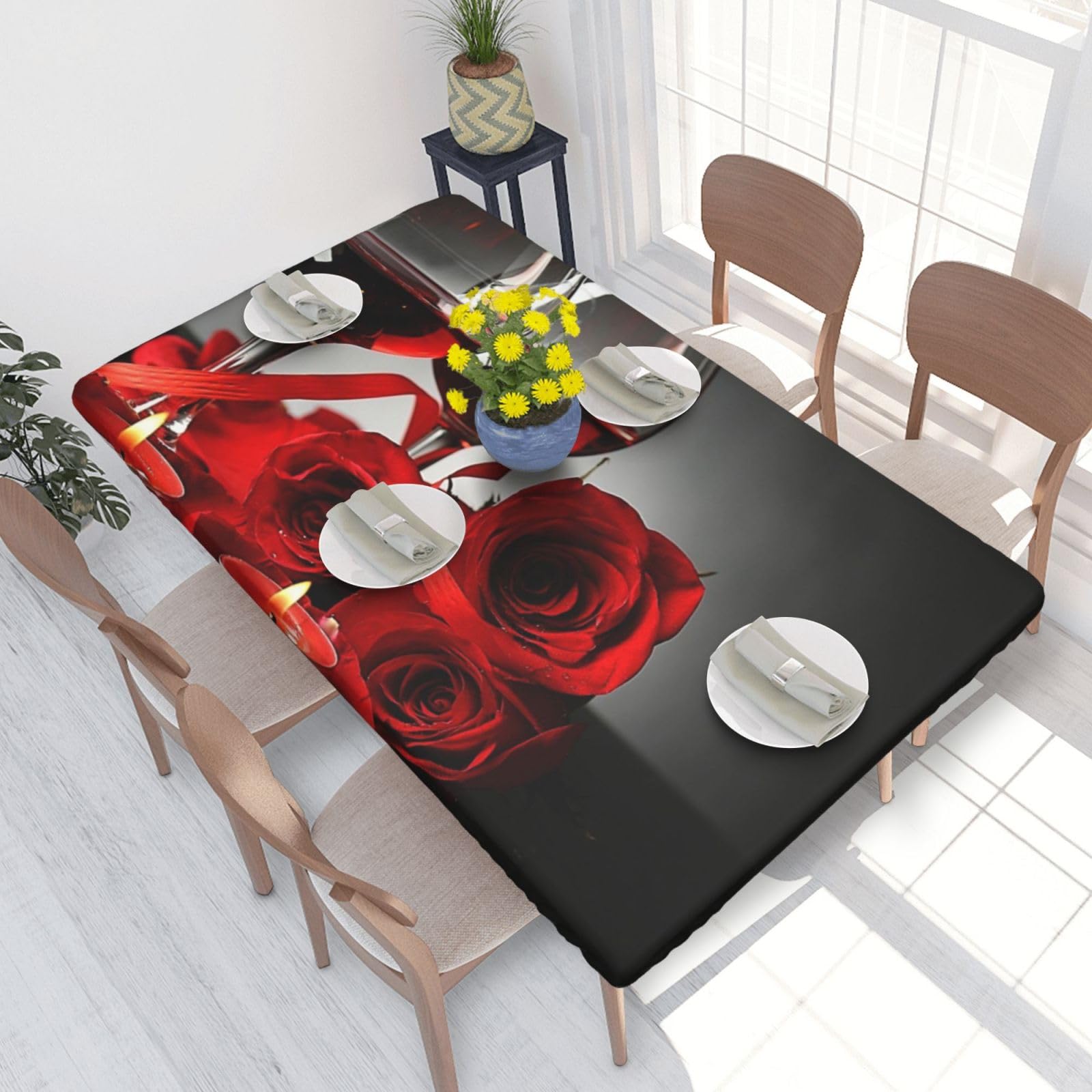 BNVSADC Red Wine Rose and Candle Printed 4FT Tablecloth 122x76 CM Polyester Kitchen Water Resistant Table Cloth Dining Table Decoration Table Covers