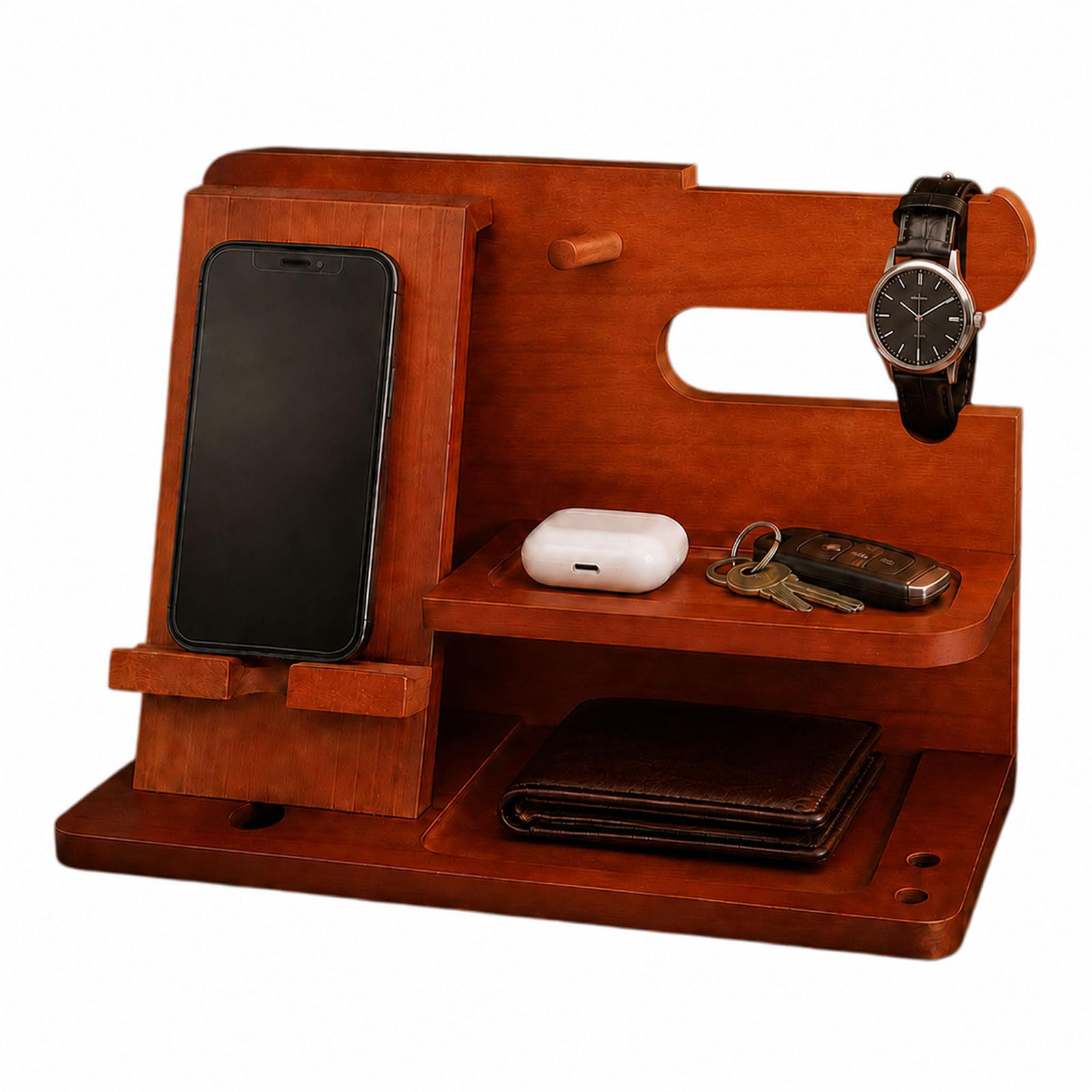 PSKJHN Men's Valet Tray Wooden Nightstand Organiser, Solid Wood Phone Stand with Watch And Key Holder, Bedside Desk Storage for Wallet, Earbuds, Rings, Glasses, Daily Jewellery Brown,25 * 14 * 17cm