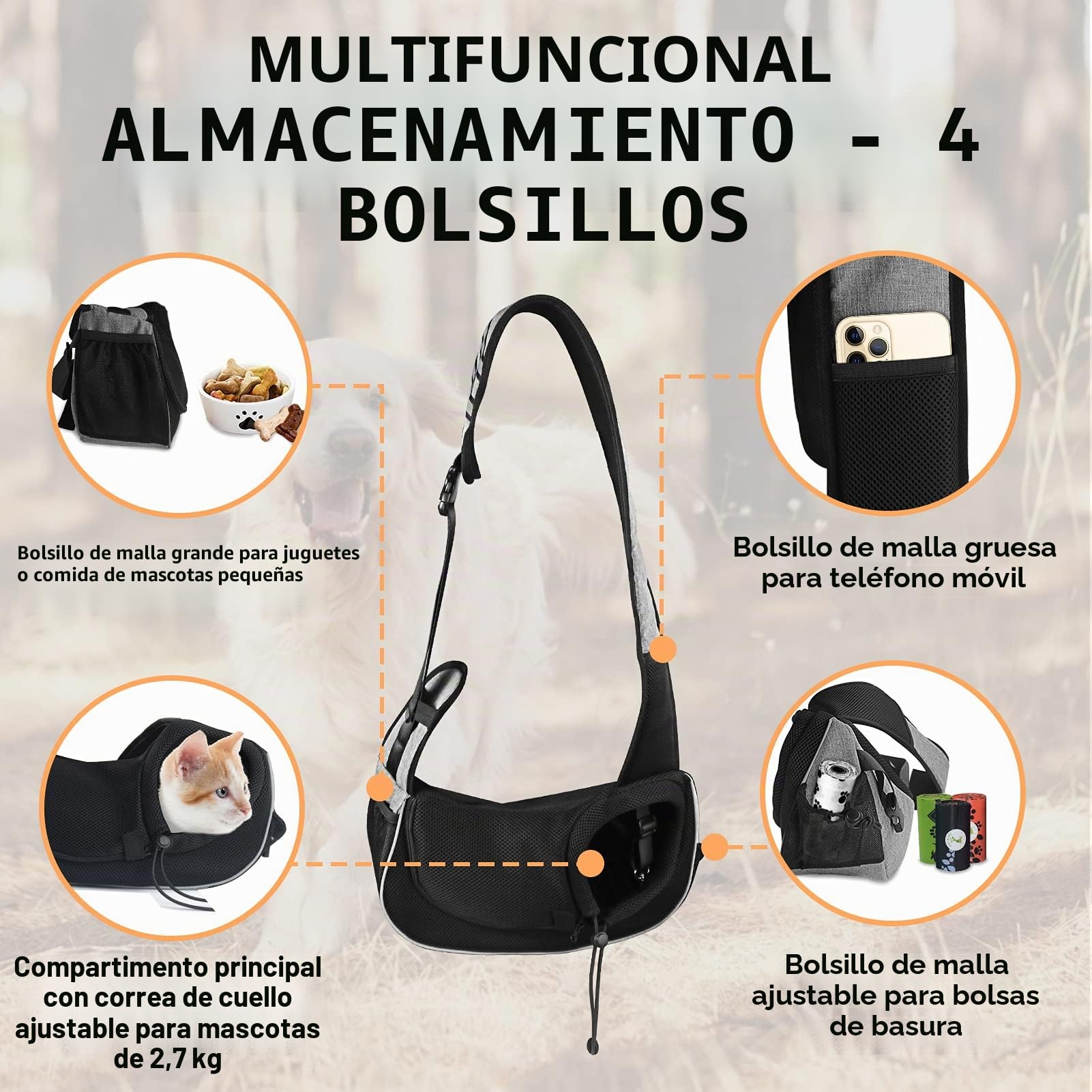 Gloppie Mochila para Perro con Correa para Mascotas Perros Pequeños, Bolsa de Viaje para Gatos, Bolsa Cruzada Cachorros, Manos Libres, Transpirables y Más Bolsillos Gris