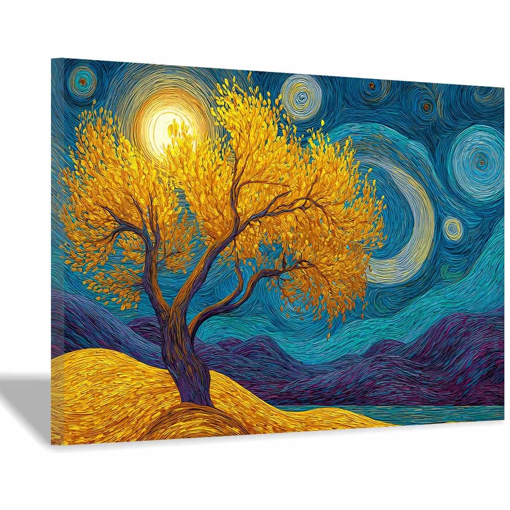ZAMAEIU Tree of Life Painting Abstract Whirling Companion Tree Panoramic Canvas Prints Pictures for Living Room Bedroom Home Office Wall Decoration(yellow)-30x50cm Framed
