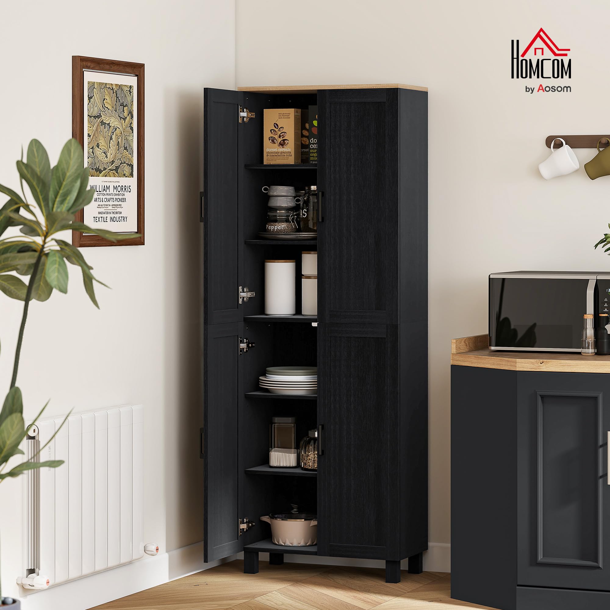 HOMCOM Credenza Cucina Alta, Mobile Dispensa con 4 Ante, 2 Armadietti, 5 Ripiani Regolabili, Mobile Cucina Moderno per Sala da Pranzo Soggiorno, 60x30x170.5 cm, Nero
