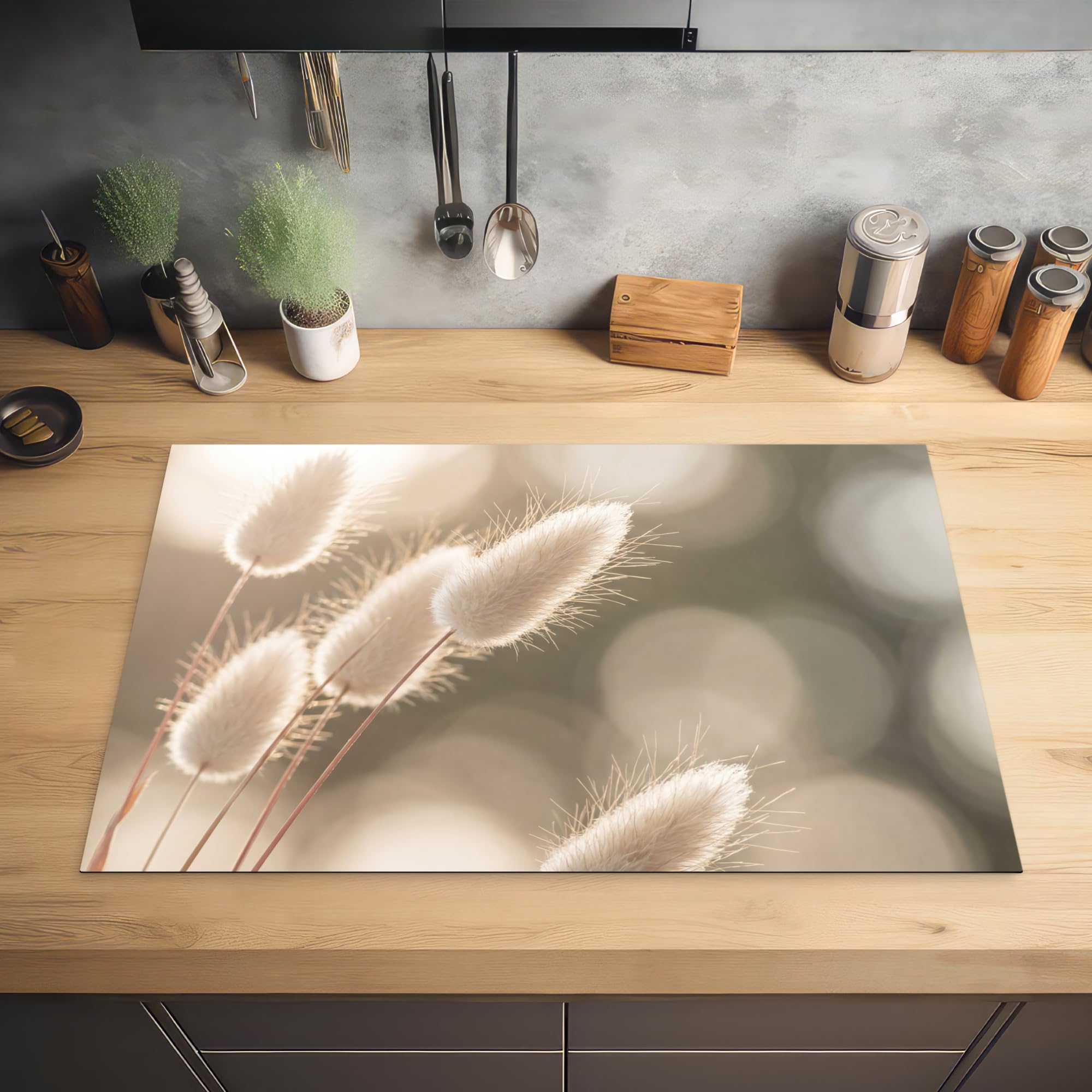 KitchenYeah© Herdabdeckplatte 81x52 cm Induktion Schutzmatte Küche Herdabdeckung Ceranfeld Induktionsmatte Cerankochfeld Abdeckung Haselschwanzgras - Weiß - Sonnenlicht