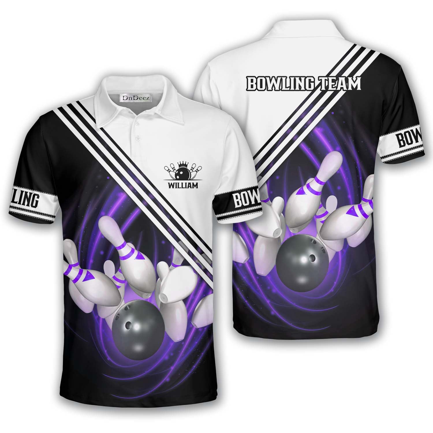 DnDeez Custom Bowling Shirts for Men, 3D Print Bowling Shirts Unisex Polo, Large Purple