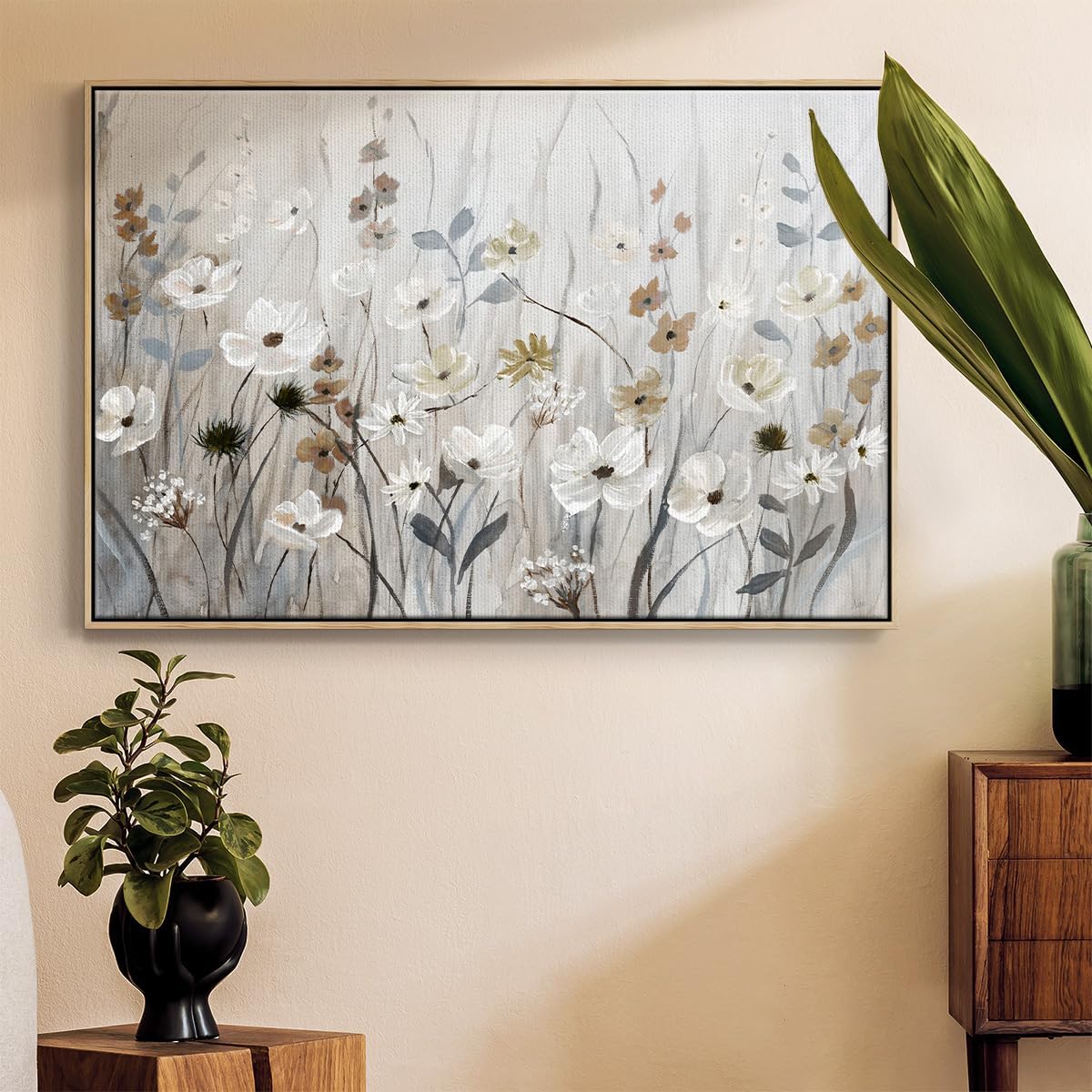 Renditions Gallery Floral Wall Art Paintings & Prints Misty Meadow Field Watercolor Floater Framed Artwork for Home Kitchen Bedroom - 25"X37" Natural Frame GAL007