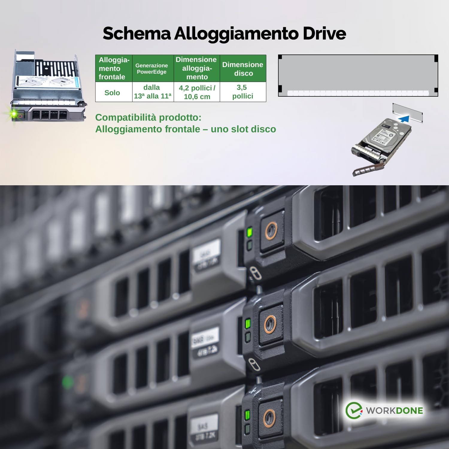 WorkDone Pacco da 3 - Caddy hard disk 3,5 pollici con adattatore HDD 2,5 pollici - compatibile per server Dell PowerEdge elencati - Manuale - Etichette adesive - Cacciavite - Viti per Tray HDD