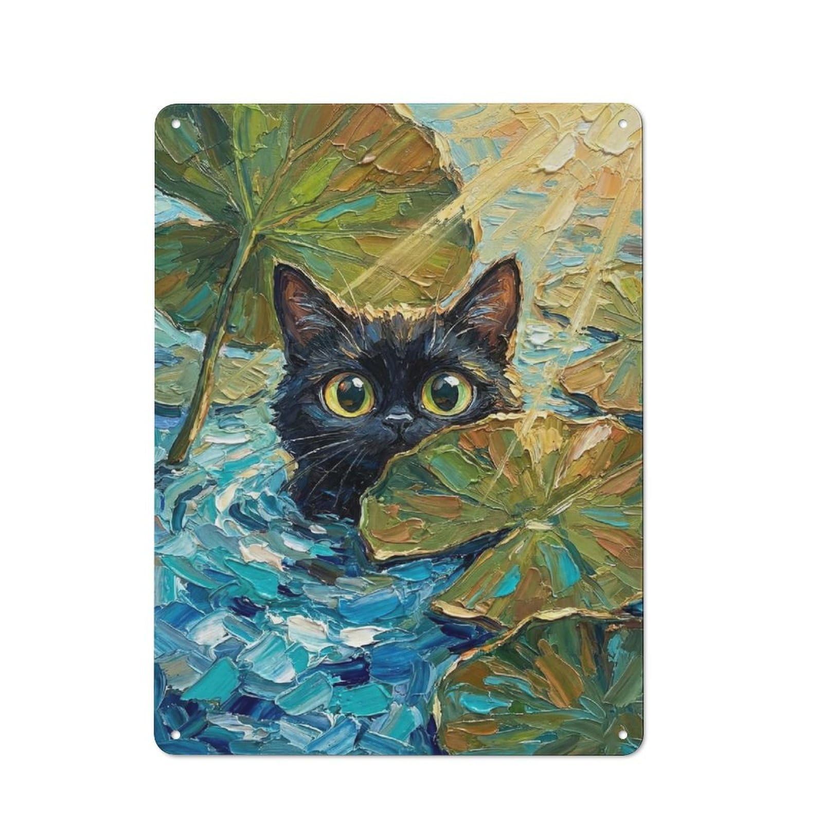 Junmoney Style-24 For Lounge Or Reading Corner, Black Cat Peeking In Lily Pond – Textured Impasto Oil Painting Retro Tin Sign 40X30cm, Gift For Reading Corner Decorators During The Christmas Season