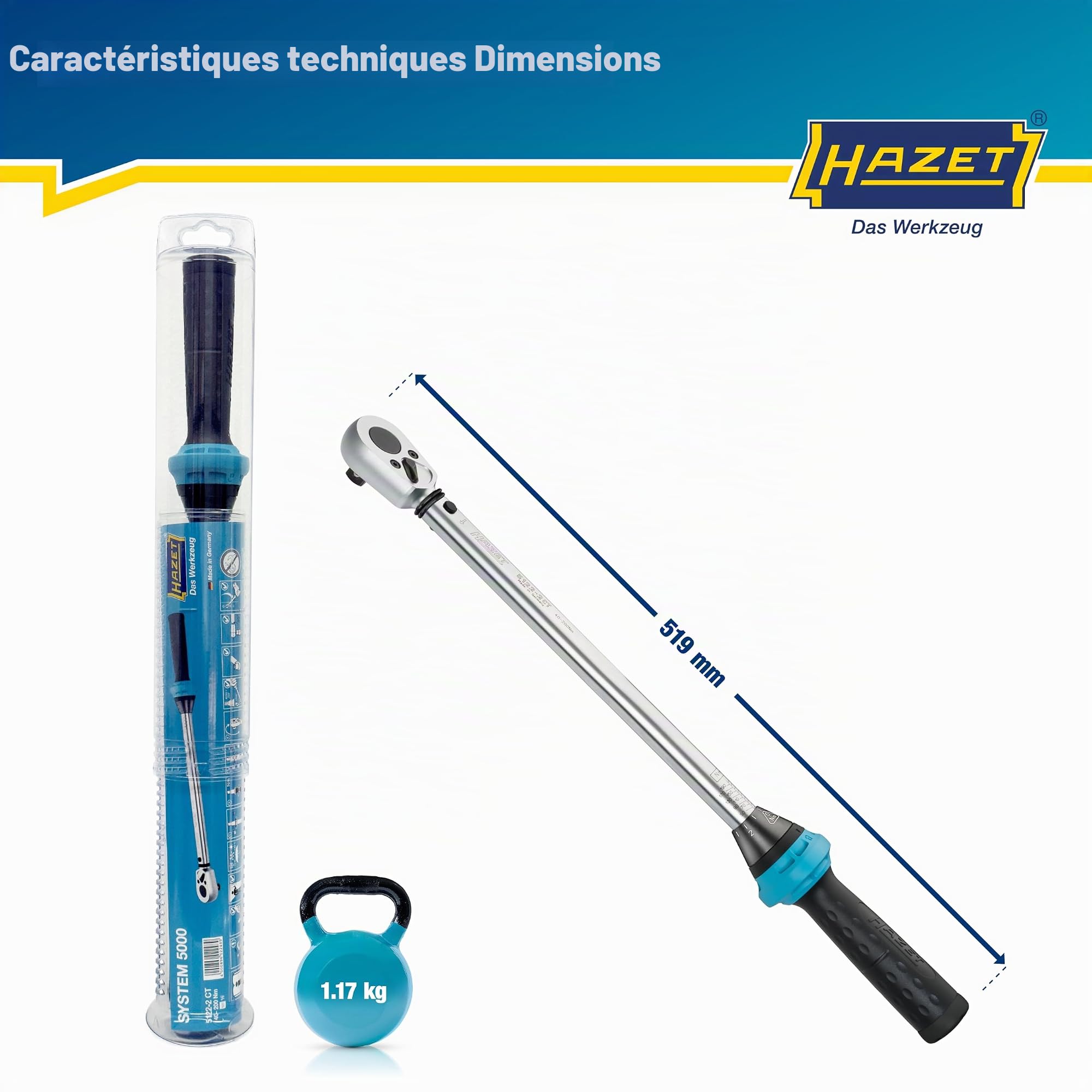 HAZET Clé dynamométrique 5122-2CT I Sortie : carré 12,5 mm, 1/2 pouce, tolérance : 4%, 32 dents I Cliquet réversible pour voiture et vélo I 519mm