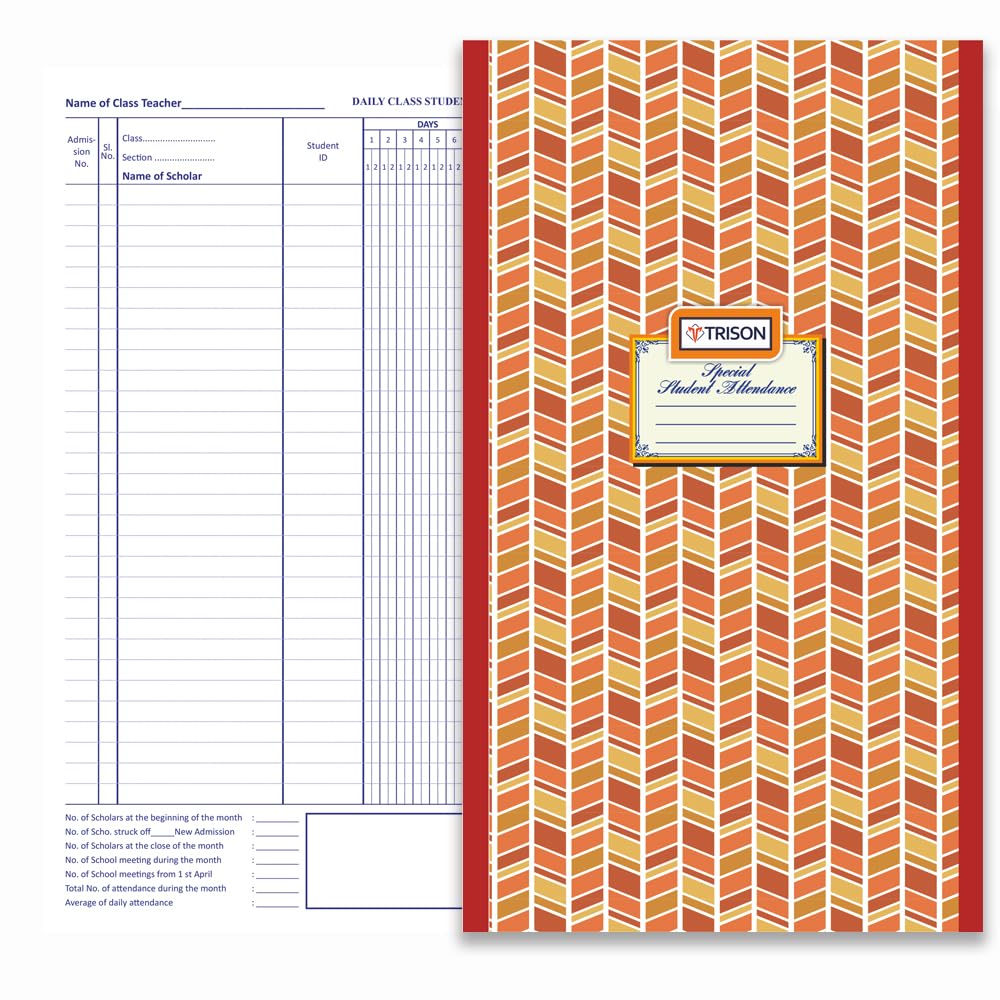 Trison Special Student Attendance/Class Attendance Register | 10"x15" | 2 Index + 24 attendance Pages | 100 GSM Optic White Paper | Hardbound | 31 Days Format | Quire 1 | Pack of 1-image-35