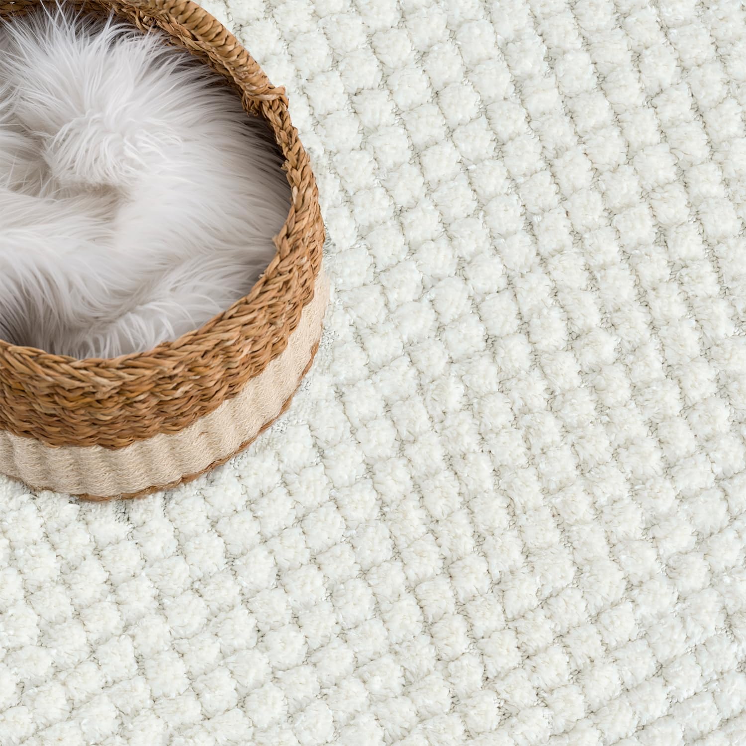 payé Tapis rond, 160 x 160 cm, à poils longs, bohème, crème pastel, uni, motif moderne en losanges, scandinave, moelleux, doux, décoration de chambre à coucher