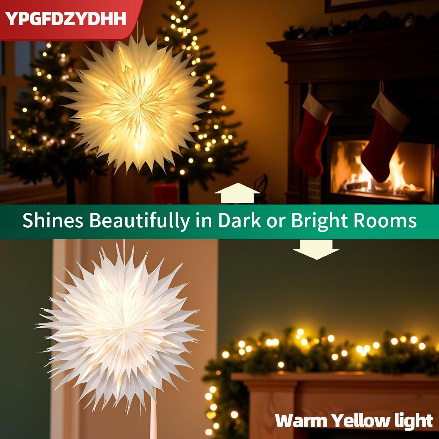 23" 3D LED Paper Star Lantern with Translucent Vellum – 7-Layer Christmas Hanging Light, Foldable Indoor Window Decor, Soft Glow Holiday Ornament for Party, Wedding, Present Snowflake White 23-Inch