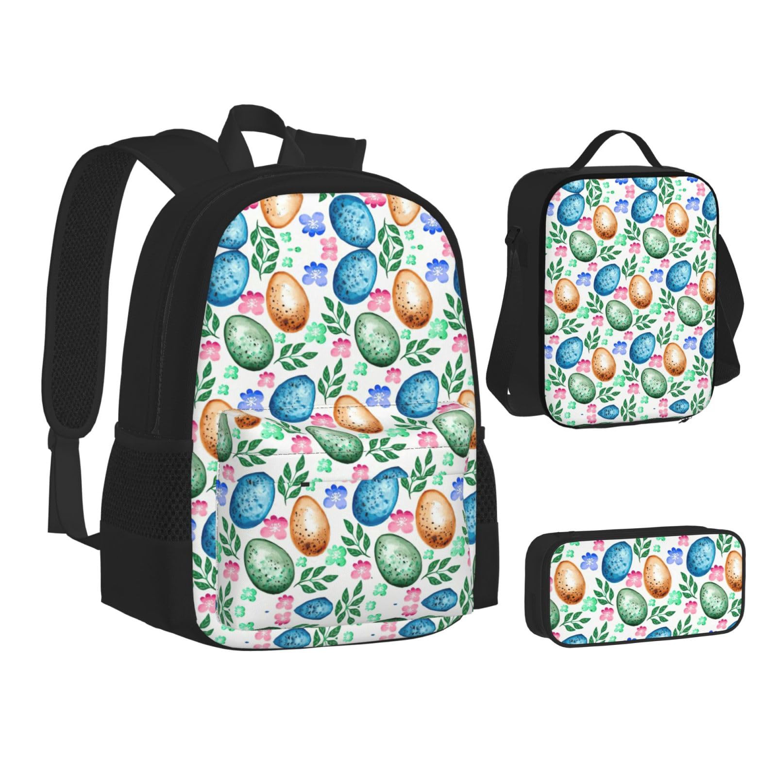 Juego de 3 mochilas escolares con estampado de huevos de Pascua, mochila para laptop resistente al agua de gran capacidad con bolsa de almuerzo aislada y estuche para lápices para adolescentes