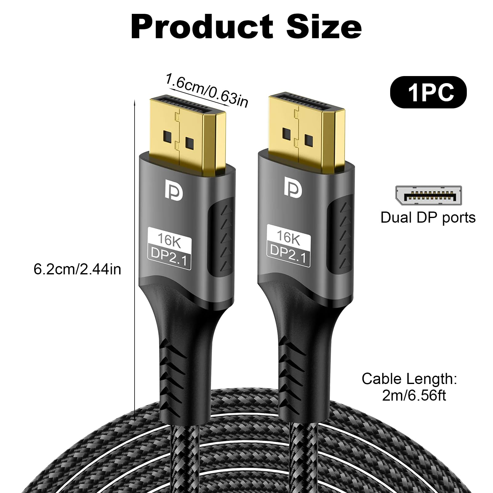 16K DP Cable DisplayPort 2.1, 54Gbps Cable DP a DP 2M con 16K@60Hz 8K@240Hz 4K@540Hz 360Hz 240Hz Display Port 2.1 Compatible con HDR10 FreeSync G-Sync para Monitor Gaming Tarjetas Gráficas PC HDTV