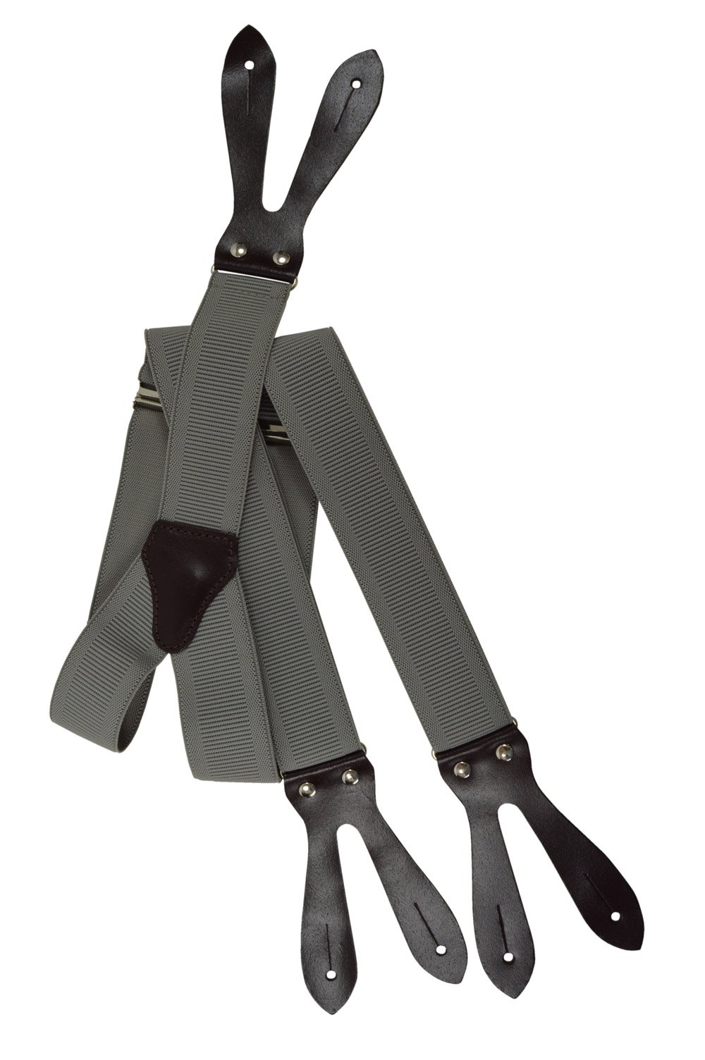 Olata Button-Down Formal Dress Suspenders/Braces with Dark Brown Leather, 3.5cm - Light Grey