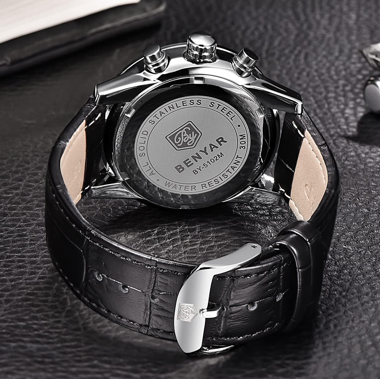 Mens Watch, BENYAR Sports Watches Men, Quartz Watch, Wrist Watch, Analog Chronograph Casual Leather Strap Watches for Men