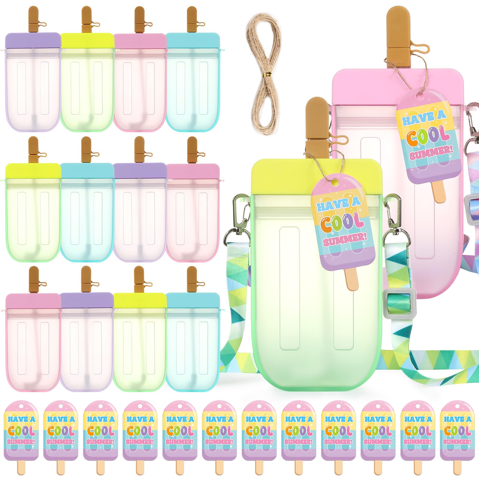 12 Sets End of the Year Gifts Bulk for Student Ice Cream Water Bottles Summer Graduation Back to School Gifts from Teacher Cute Kawaii Ice Cream Cups with Straps & Cards for Camping Sports Shopping