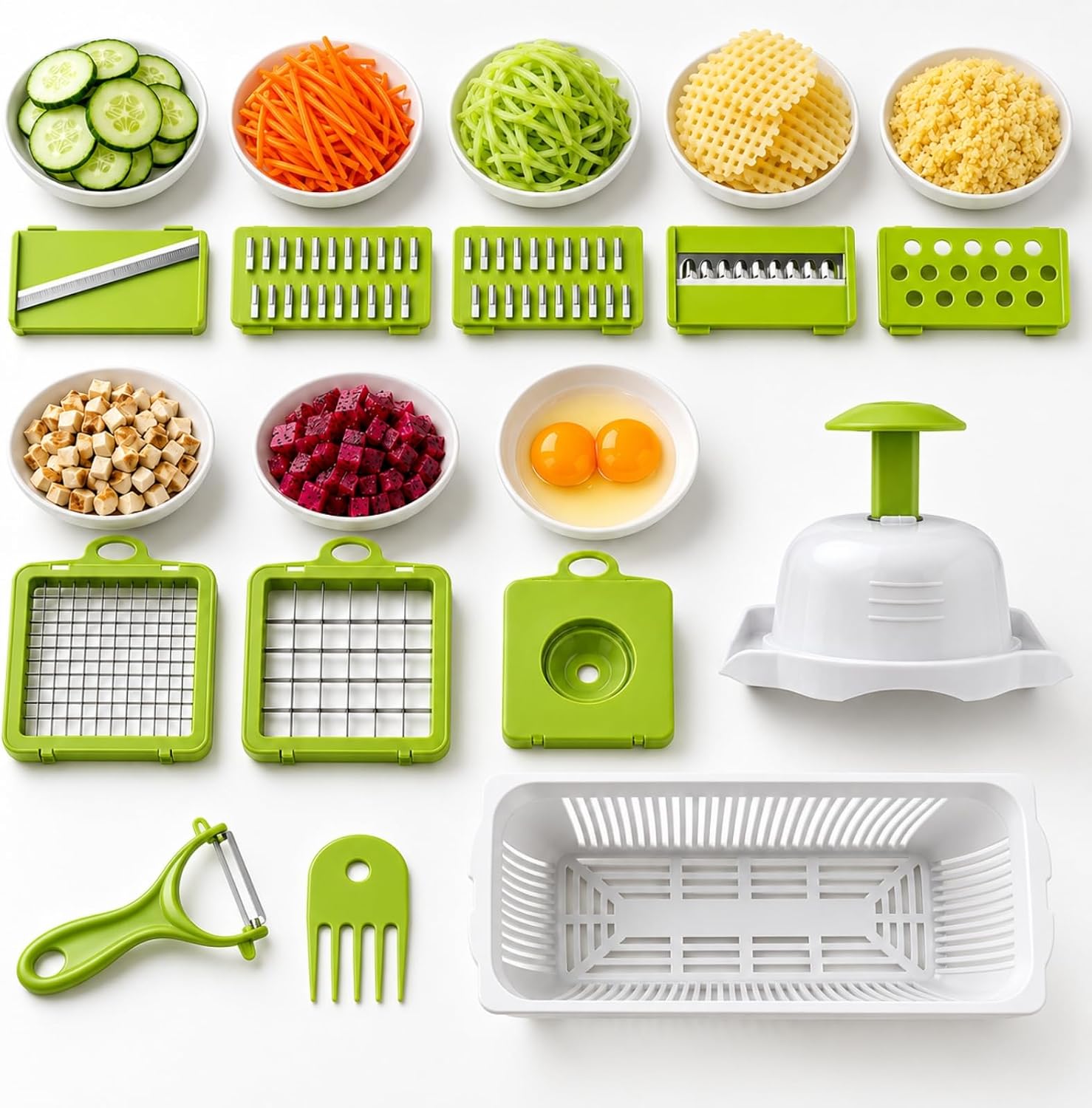 Vegetable Chopper, Onion Dicer & Mandoline Slicer with Container, Grey | Veggie Cutter with 8 Stainless Steel Blades & Drain Basket. Fast Food Chopper for Salad, Potato, Tomato, Cucumber & Carrot