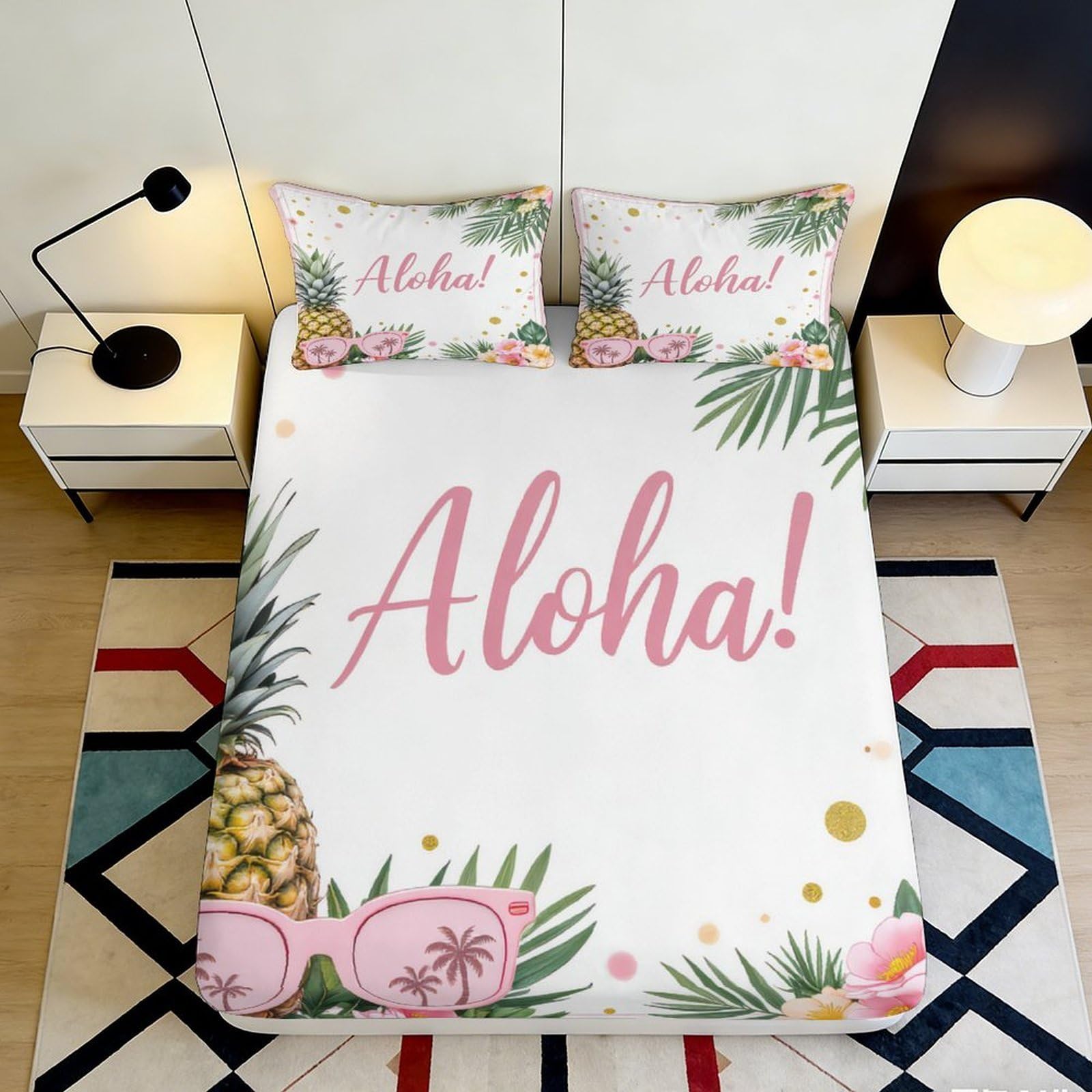3D Printed Tropical Pineapple Fitted Sheet Microfiber Soft Breathable Aloha Bed Cover for Bedroom Dormitory Guest Room Mattress Protection Decor 180x200x25cm