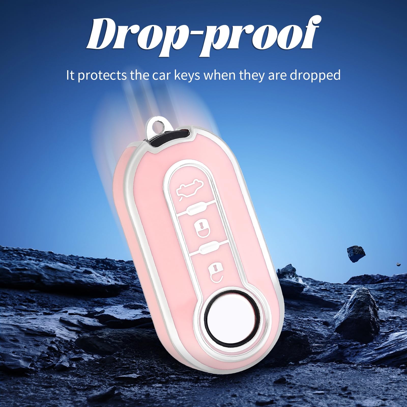 Coque Clé Etui Cles pour Fiat 500 Punto Bravo Panda Lancia Ypslon Abarth Doblo Ducato Idea Linea Ulysse Tipo Voiture Clé à Télécommande Étui avec Porte-clés Couvre Clef Cache Cle,Argent Rose - 5