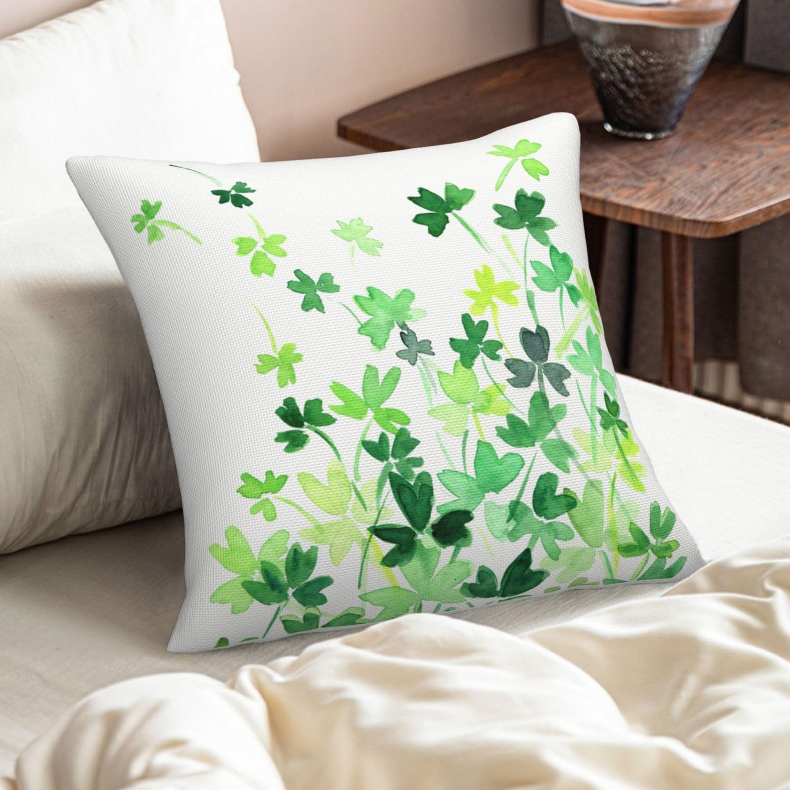 Wsunsal St. Patrick's Day Pillow Covers 18x18 (Set Of 2) - Green Shamrock Watercolor Linen Covers