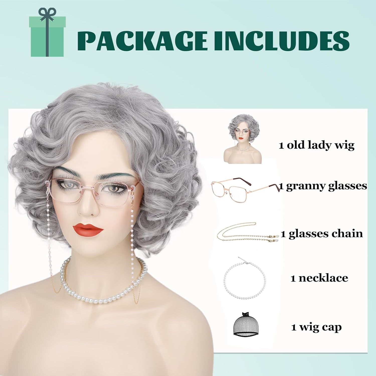 G&T Wig Old Lady Wig and Accessories Grandma Granny Costume Wig Short Curly Grey Cosplay Wig Synthetic Hair Halloween Party Wigs (5pcs set) - Image 5