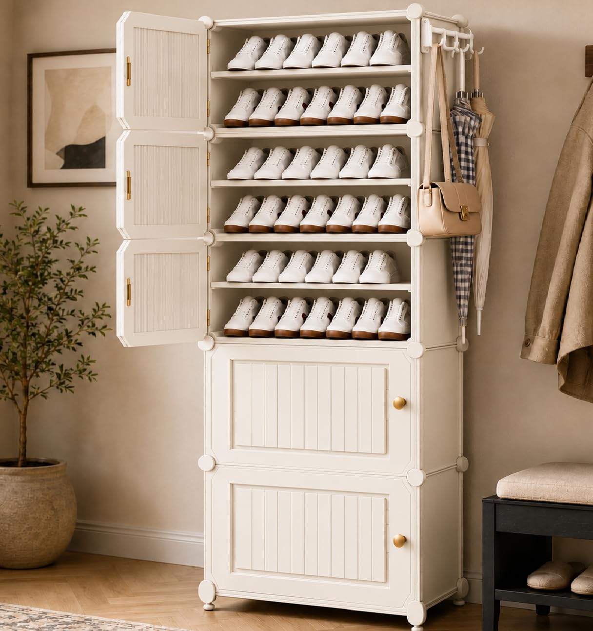 Mevigo Plastic Shoe Rack for Home with Door | 10-Tier Stackable Shoe Organizer | Holds 20 Pairs |Waterproof & Dustproof | DIY Modular Shoe Cabinet |Chappal Slipper Stand for Bedroom-White-HY2-image-31