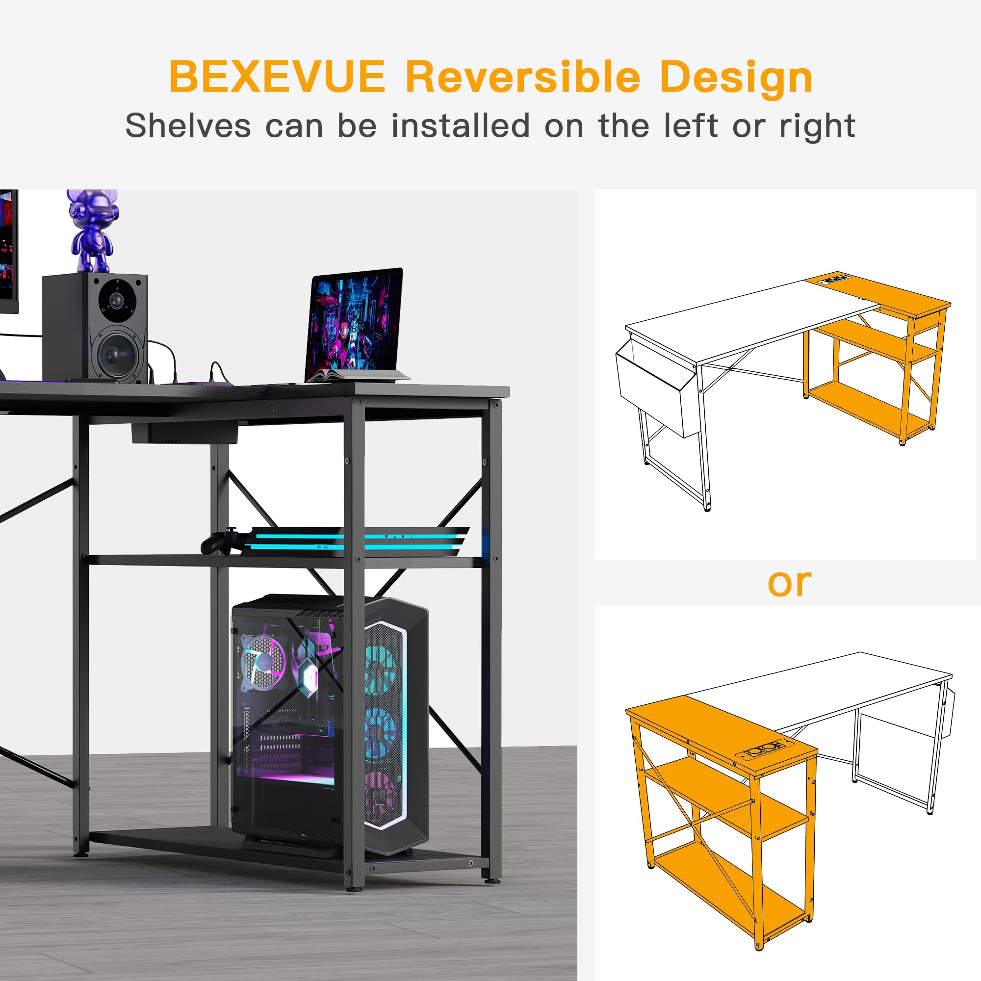 BEXEVUE Klein Hoekbureau met Stopcontacten - 100x70 cm L-vormig Computerbureau Schrijftafel, Omkeerbare Grote Opbergplanken, Boekenplank Werkstation voor Studie Speel Werk Slaapkamer Thuis Kantoor
