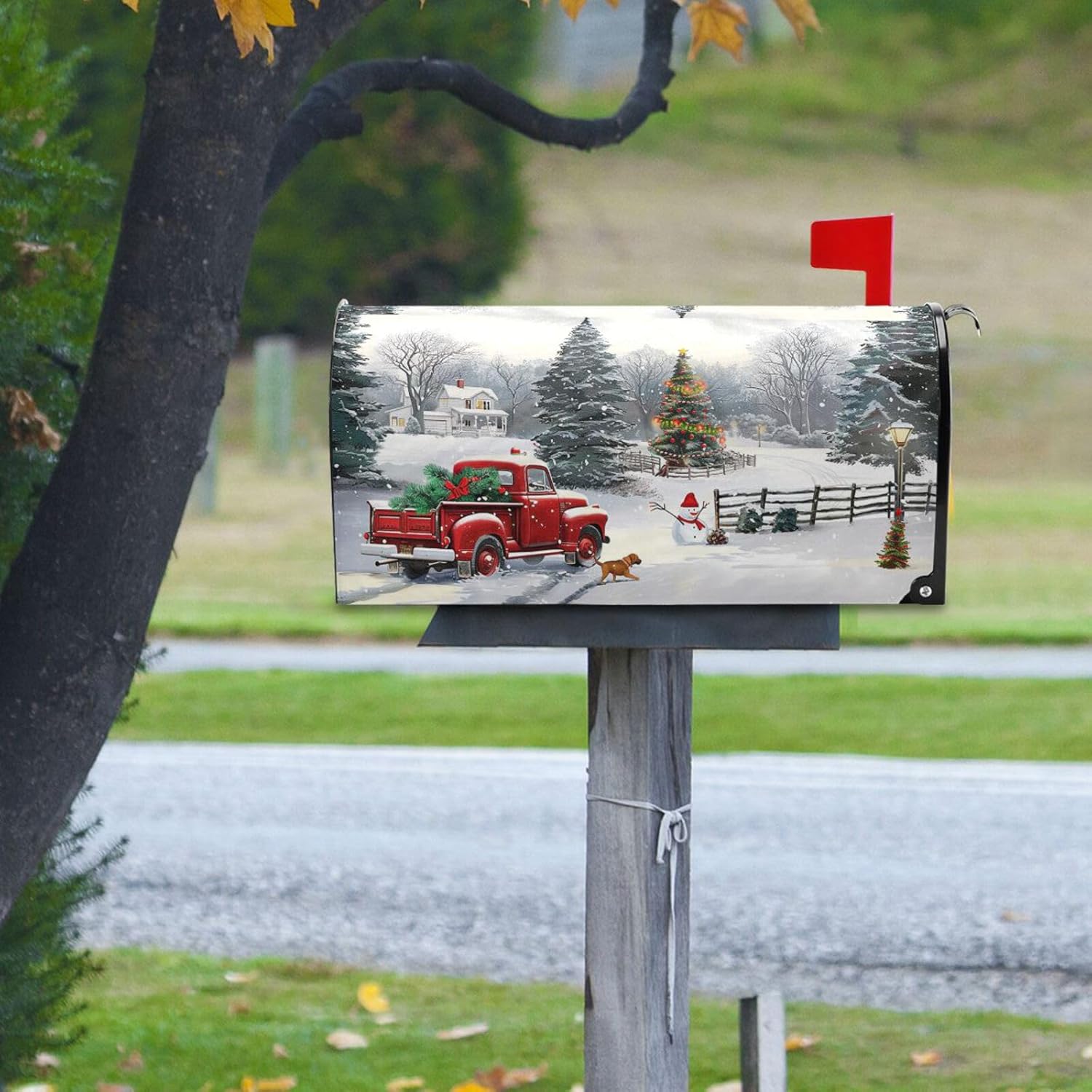 Winter Red Truck Funny Dog Snow Mailbox Cover - Magnetic Oversized Christmas Snowman Snowflake Mailbox Covers - 25.5" L x 21" W
