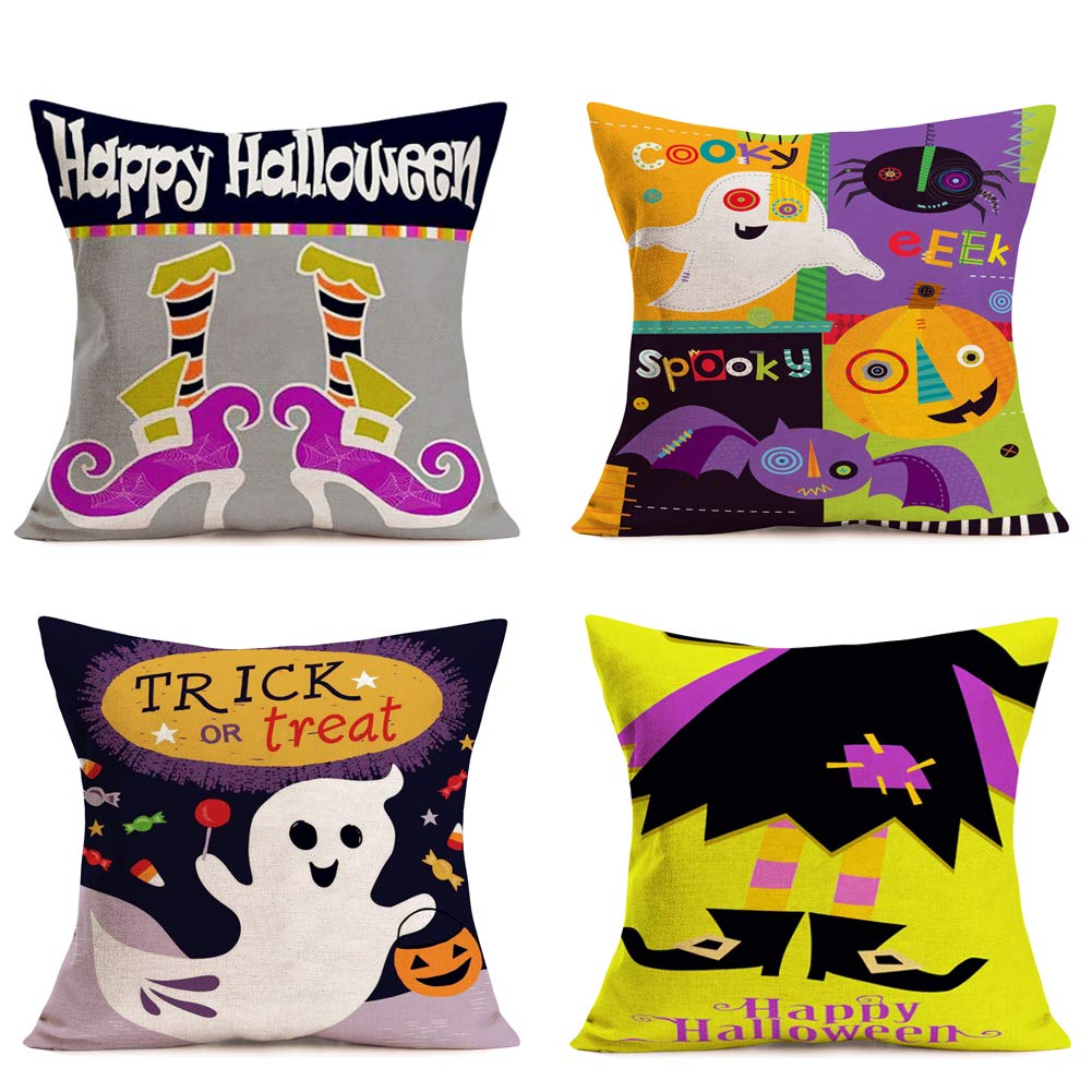 Hopyeer Happy Halloween Trick or Treat Pillow Covers Decorative Cartoon Cute Clown Shoes Ghosts Bats Pumpkins Candy Witch Spider Cotton Linen Throw Cushion Case Cover for Sofa 18”x18 4Pcs(HH-Trick)