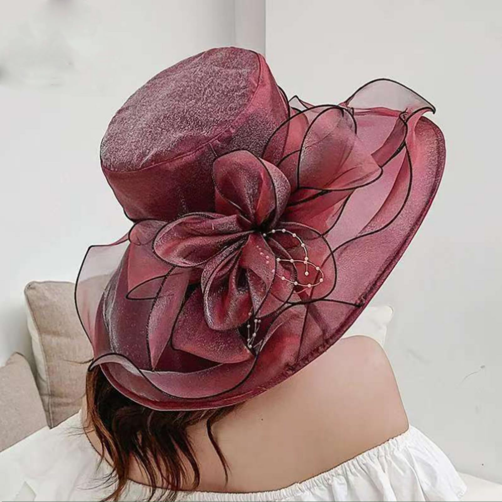 Damen-Fascinator aus Organza, Kirche, Braut, Teeparty, Hochzeit, Sommer, Rüschen, Blume, breite Krempe, Strand-Sonnenhut